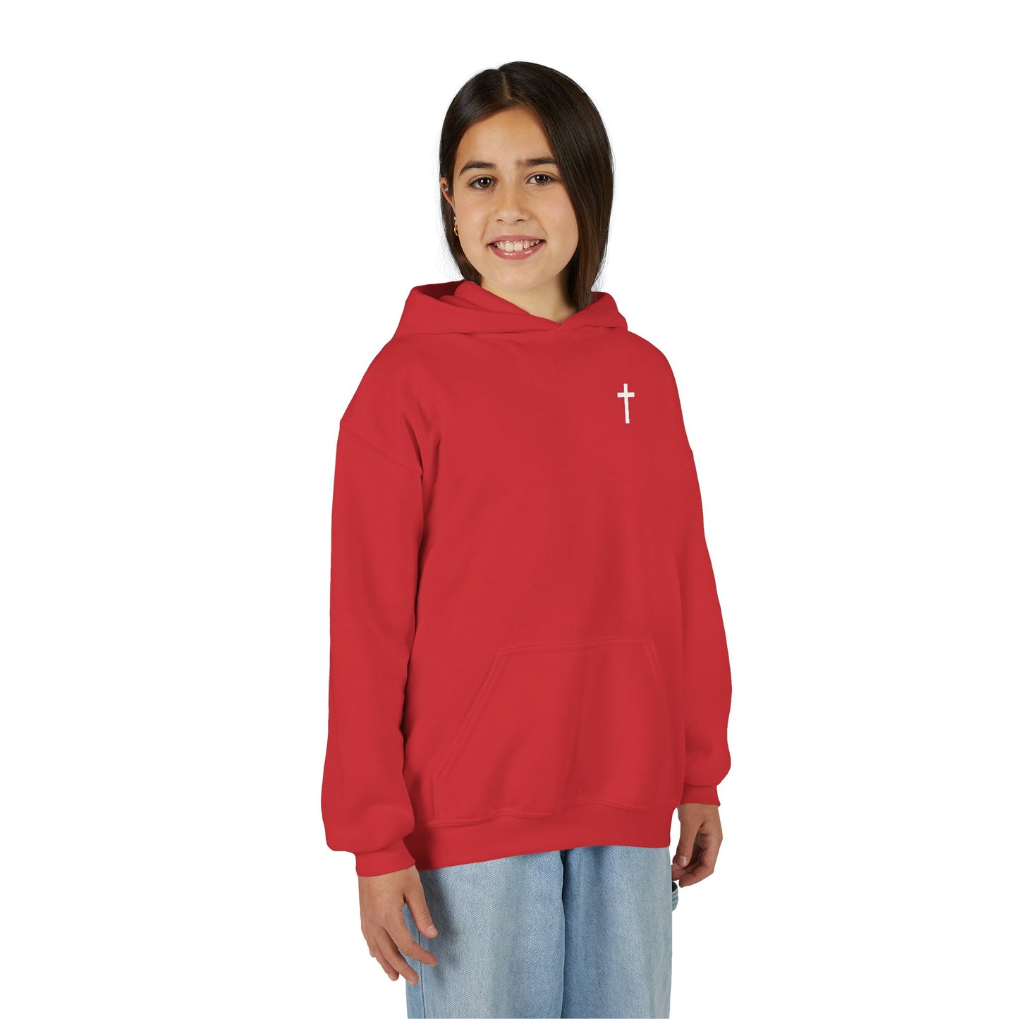 Kids Simple Christian Hooded Sweatshirt with White Cross (Gildan Product)
