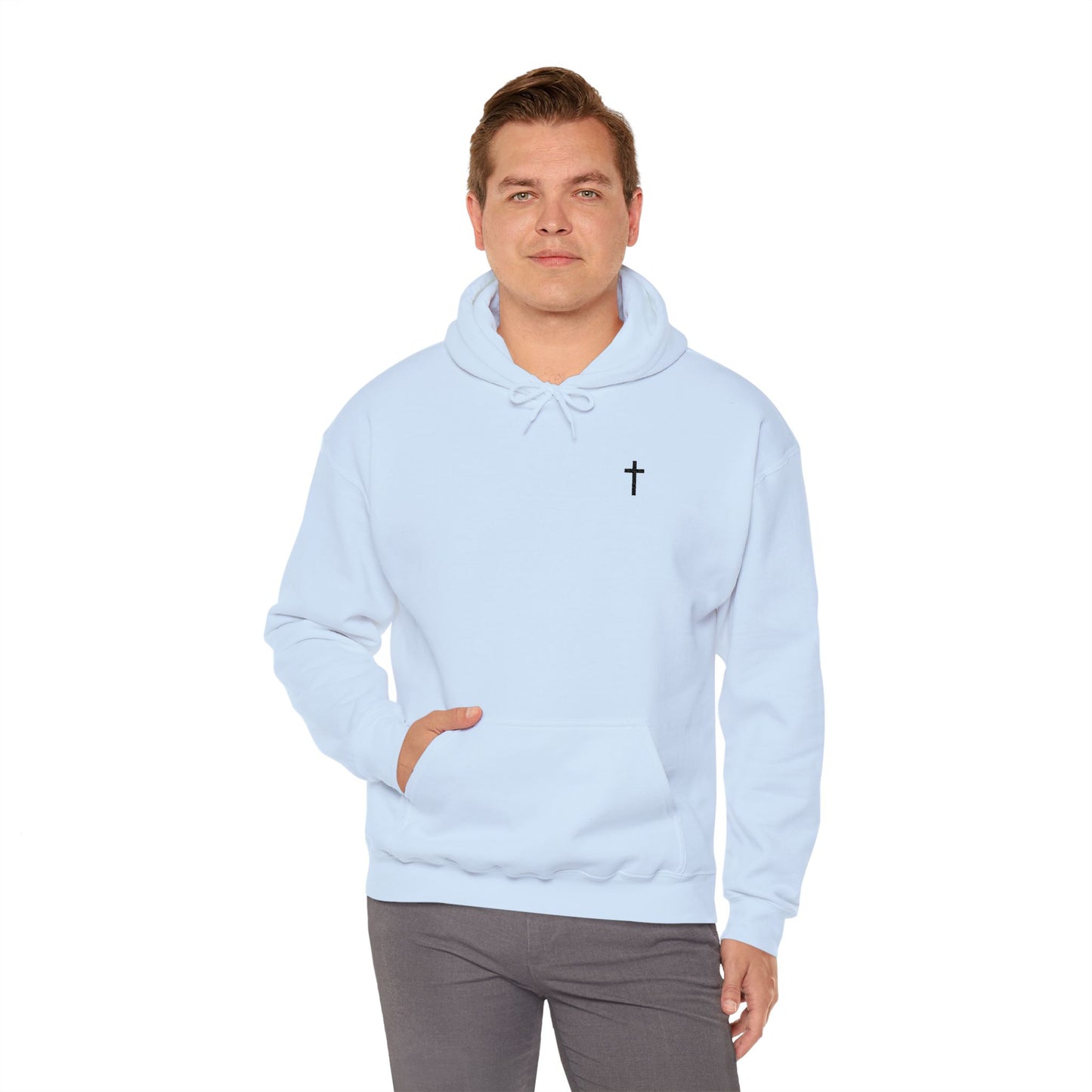 Unisex Embroidered Black Cross Hooded Sweatshirt (Gildan Product)