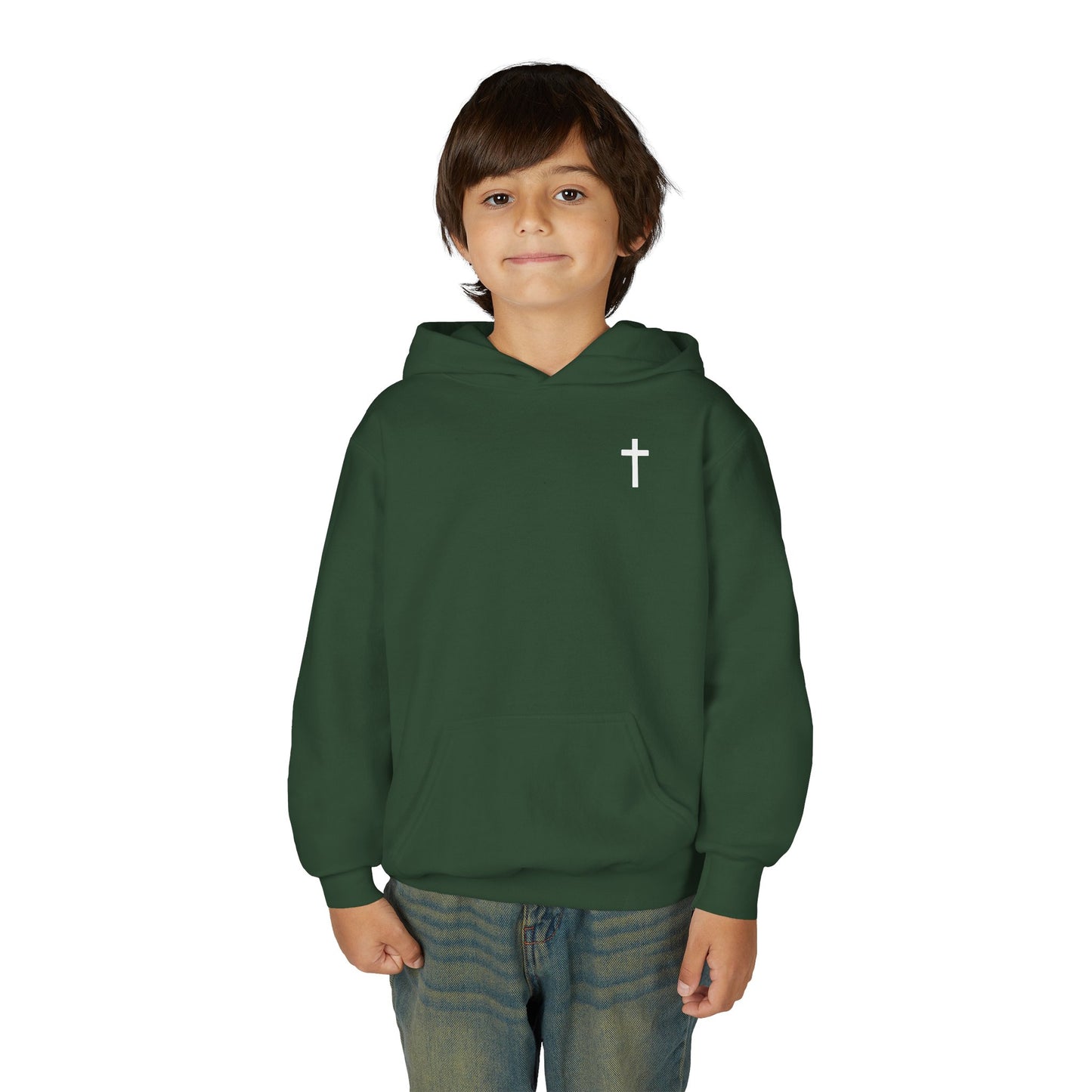 Kids Simple Christian Hooded Sweatshirt with White Cross (Gildan Product)