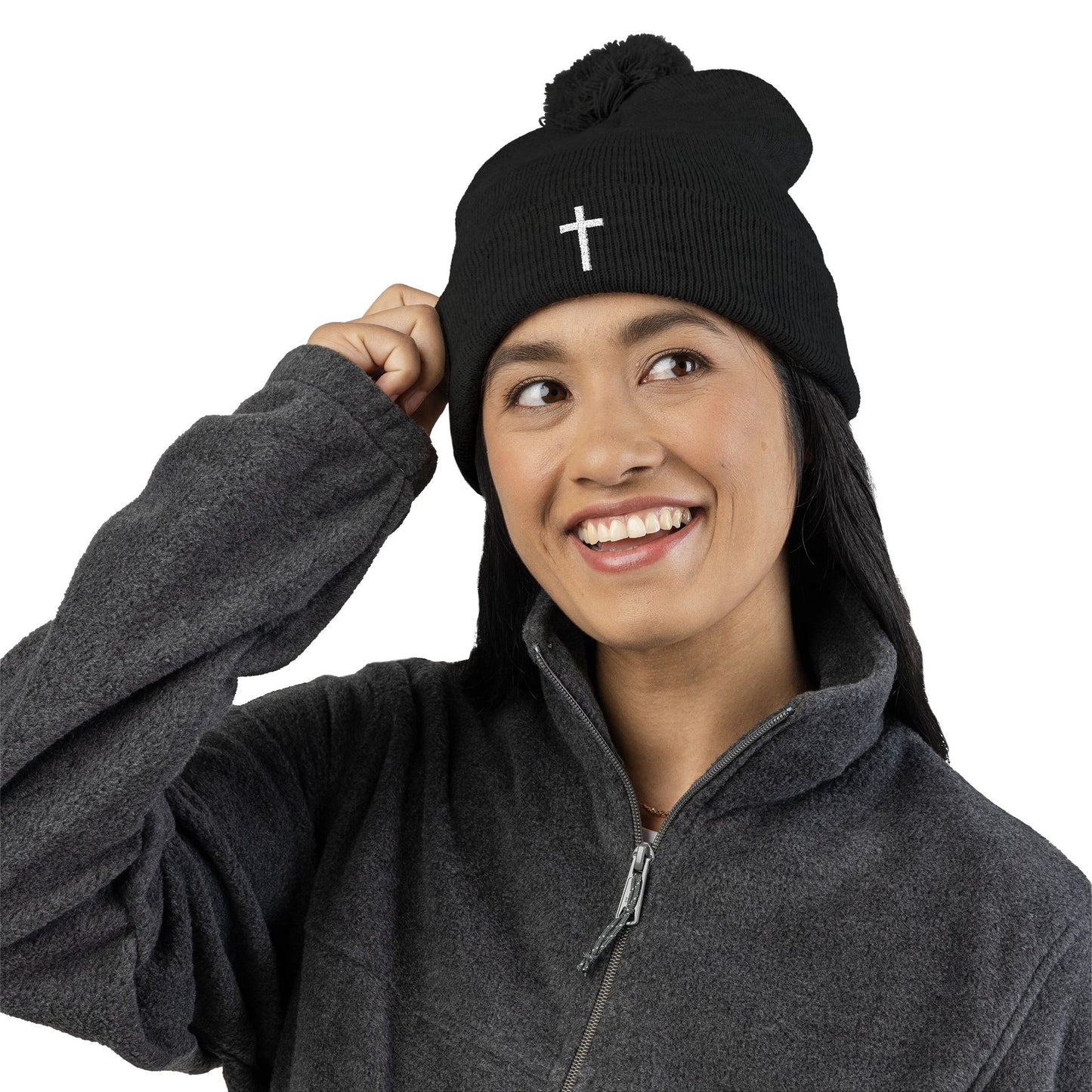 Pom-Pom White Cross Knit Cap (Embroidery)