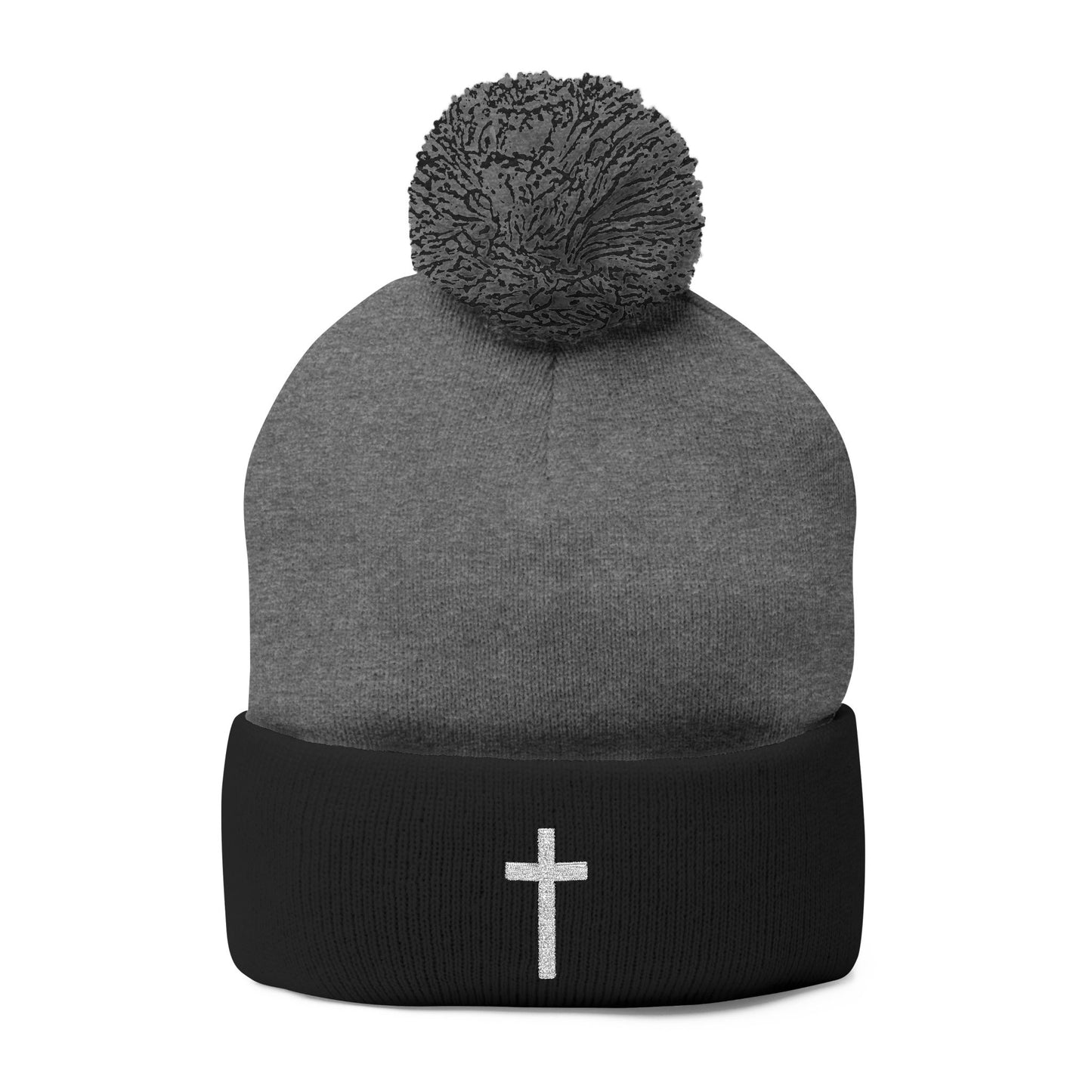 Pom-Pom White Cross Knit Cap (Embroidery)