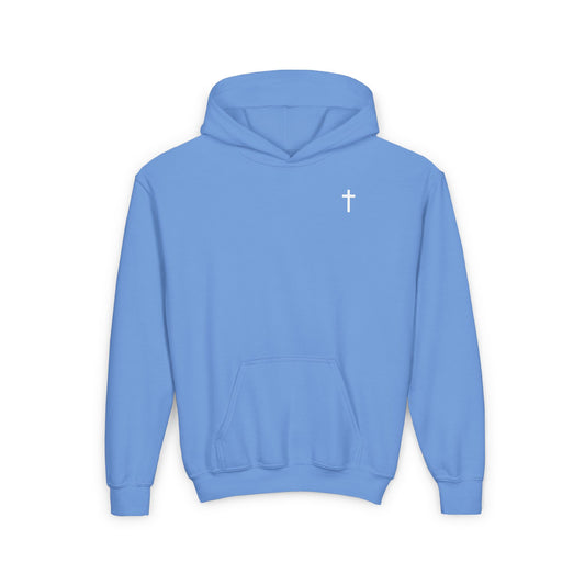 Youth Simple Christian Hooded Sweatshirt with White Cross (Gildan Product)