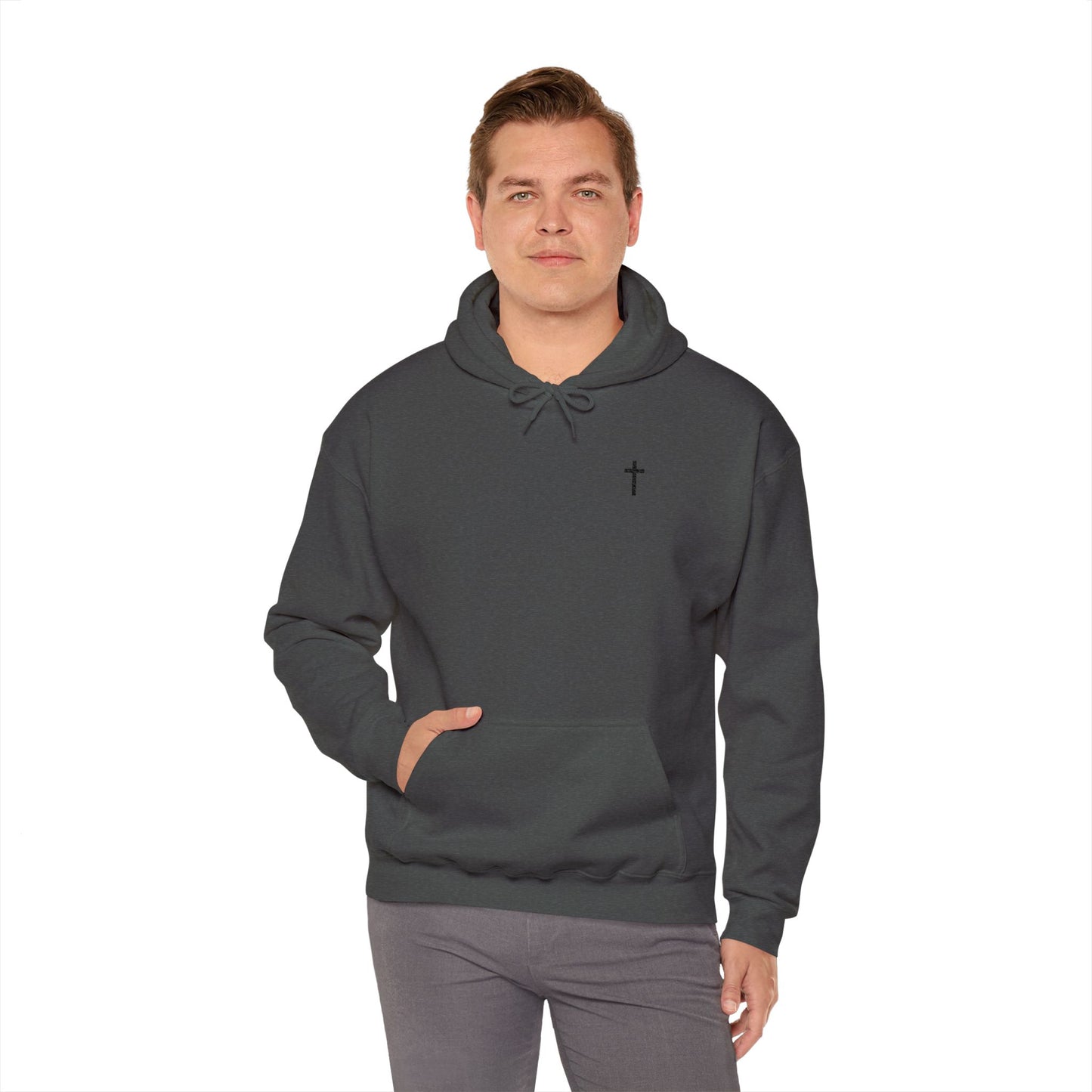 Unisex Embroidered Black Cross Hooded Sweatshirt (Gildan Product)