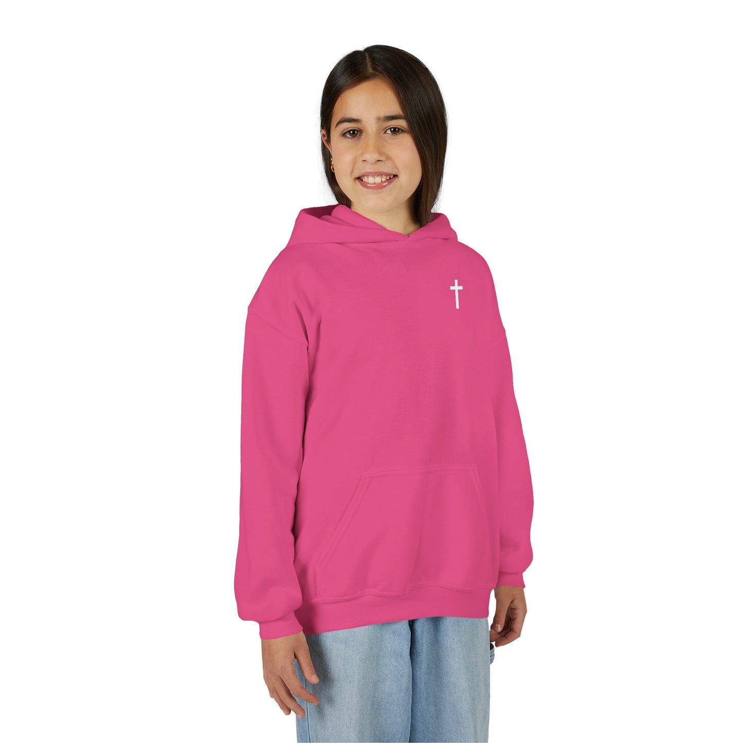 Kids Simple Christian Hooded Sweatshirt with White Cross (Gildan Product)