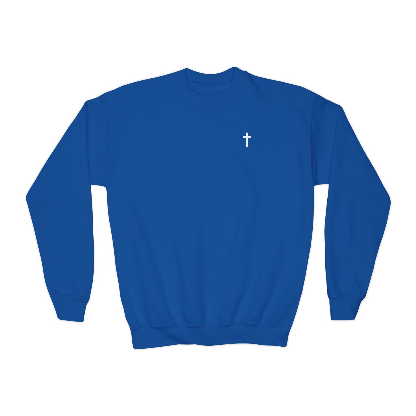Youth Simple Christian Crewneck Sweatshirt with White Cross (Gildan Product)