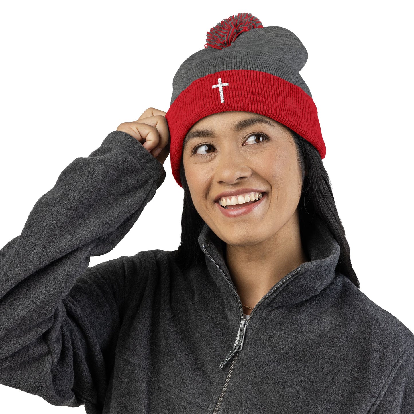 Pom-Pom White Cross Knit Cap (Embroidery)