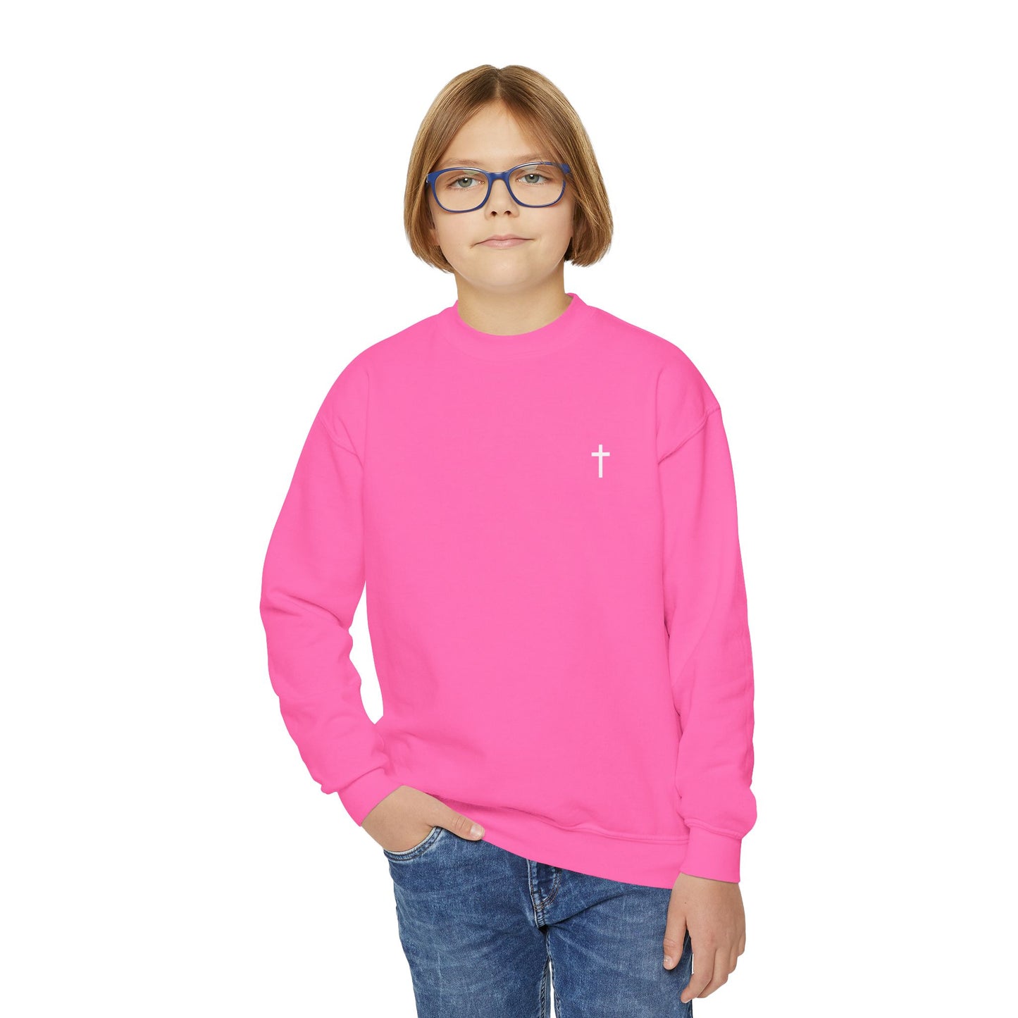 Youth Simple Christian Crewneck Sweatshirt with White Cross (Gildan Product)