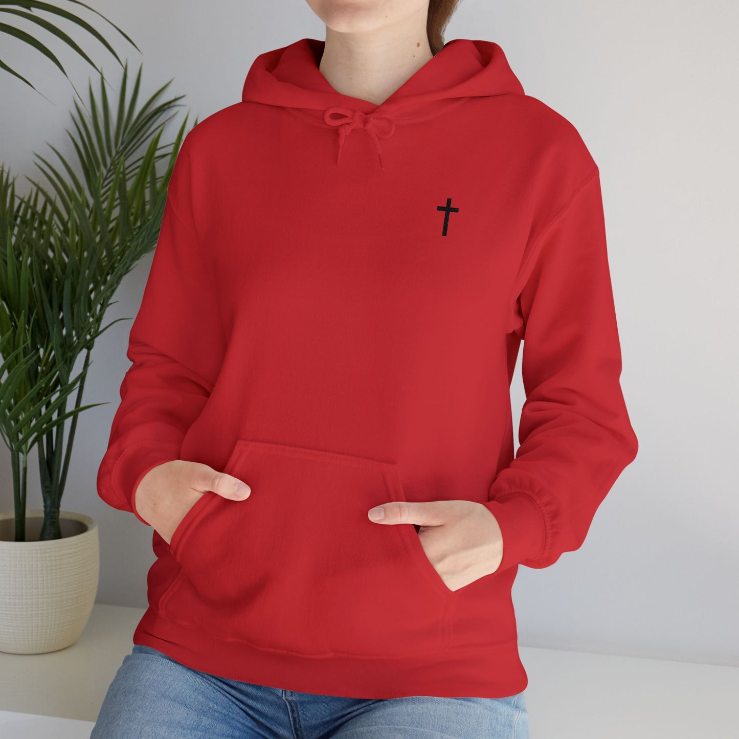 Unisex Embroidered Black Cross Hooded Sweatshirt (Gildan Product)