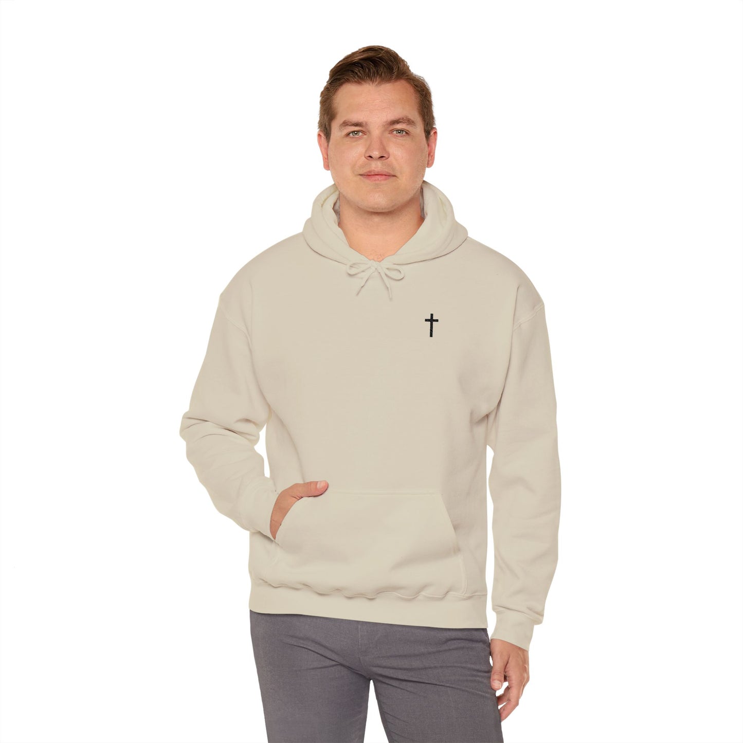 Unisex Embroidered Black Cross Hooded Sweatshirt (Gildan Product)