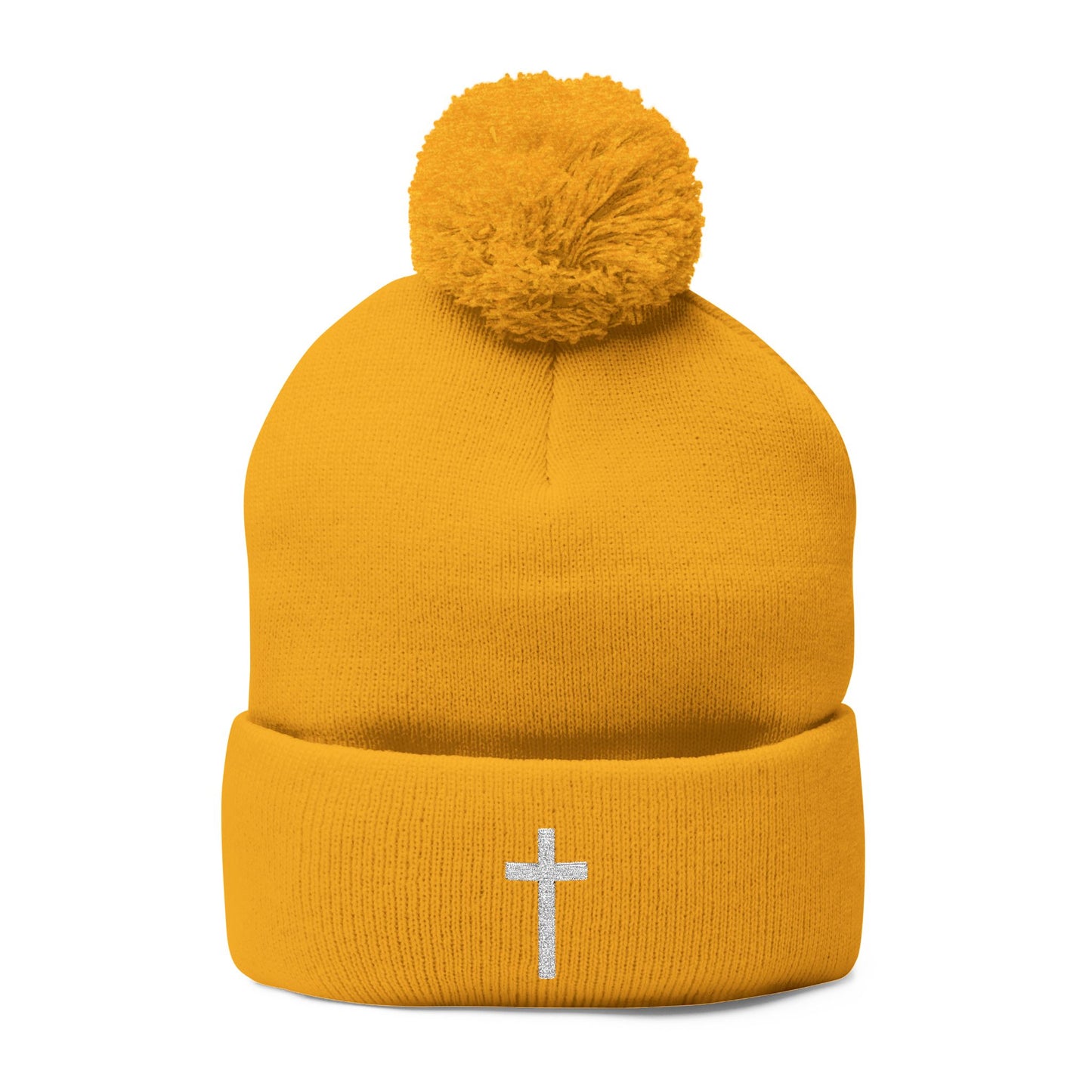 Pom-Pom White Cross Knit Cap (Embroidery)