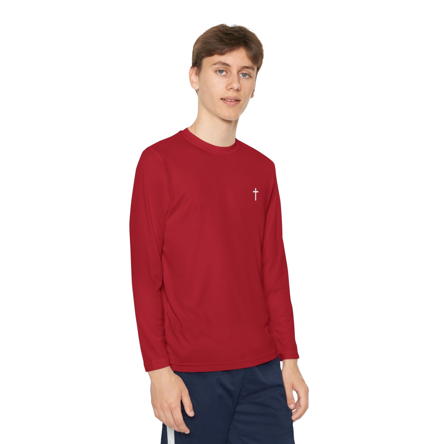Youth long sleeve Sport-Tek with White Cross