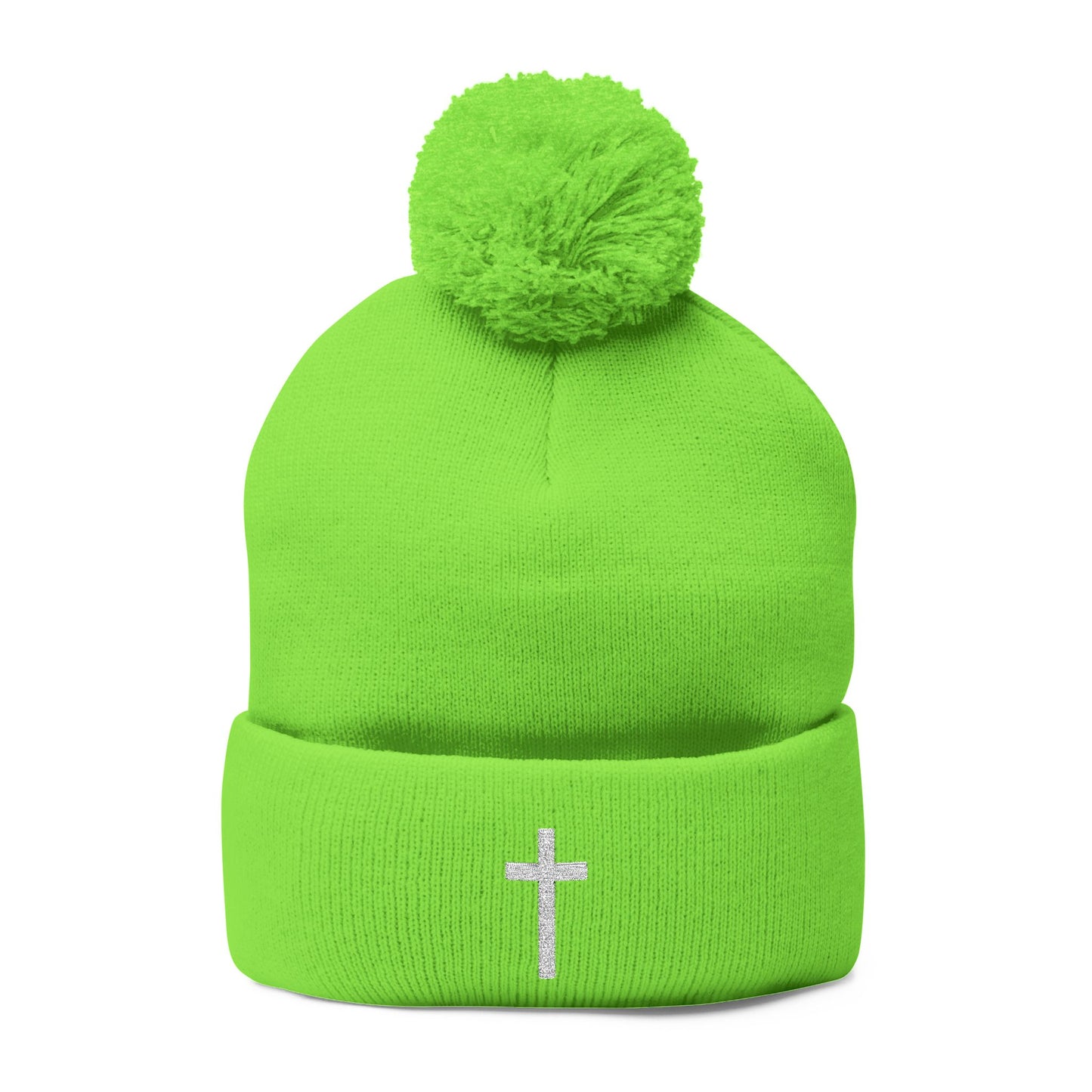 Pom-Pom White Cross Knit Cap (Embroidery)