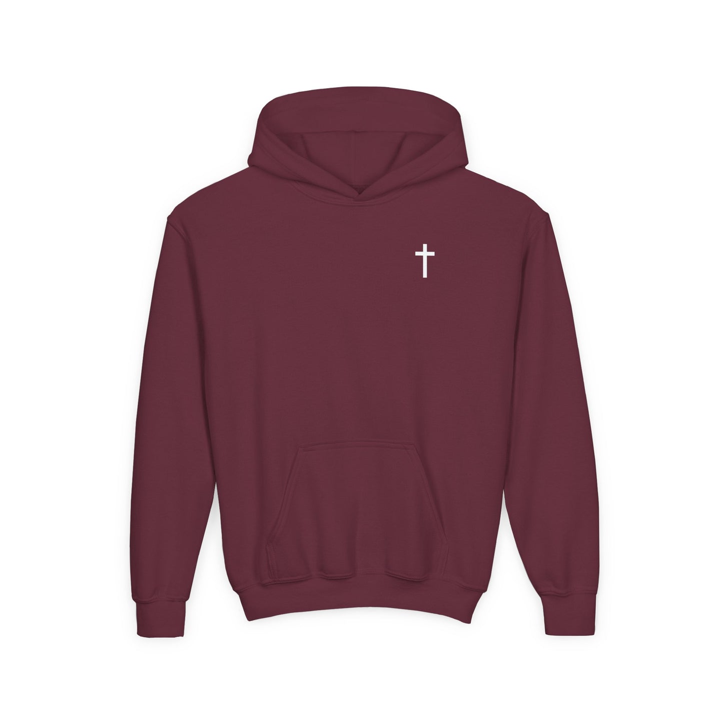 Kids Simple Christian Hooded Sweatshirt with White Cross (Gildan Product)