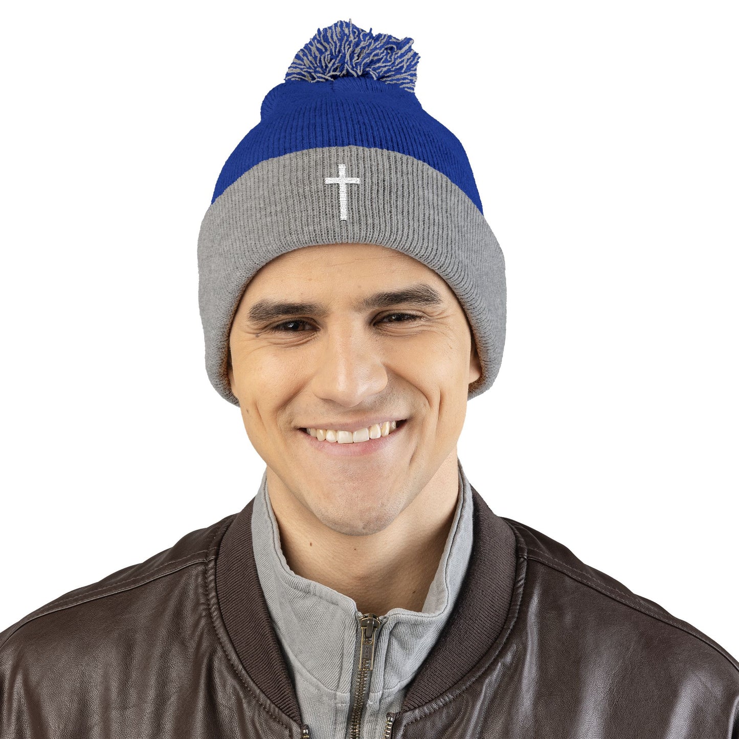 Pom-Pom White Cross Knit Cap (Embroidery)