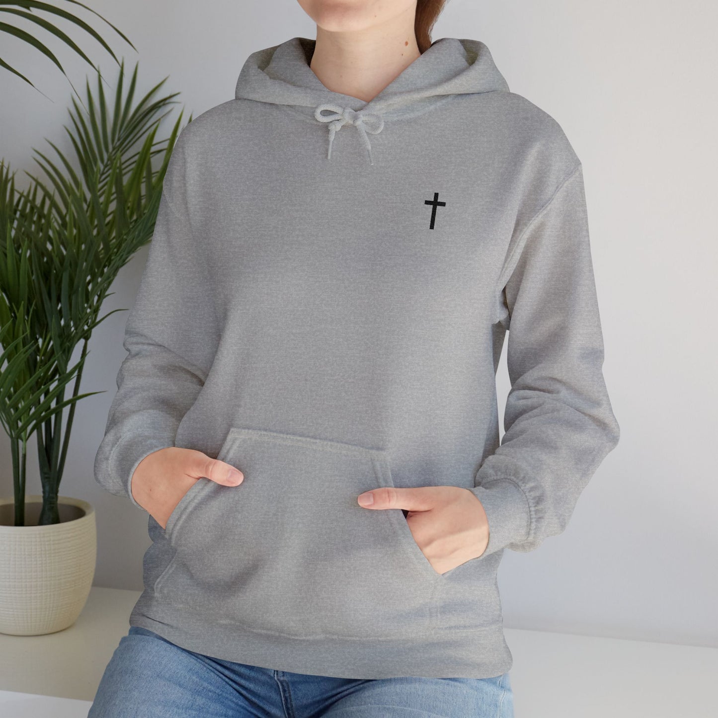 Unisex Embroidered Black Cross Hooded Sweatshirt (Gildan Product)