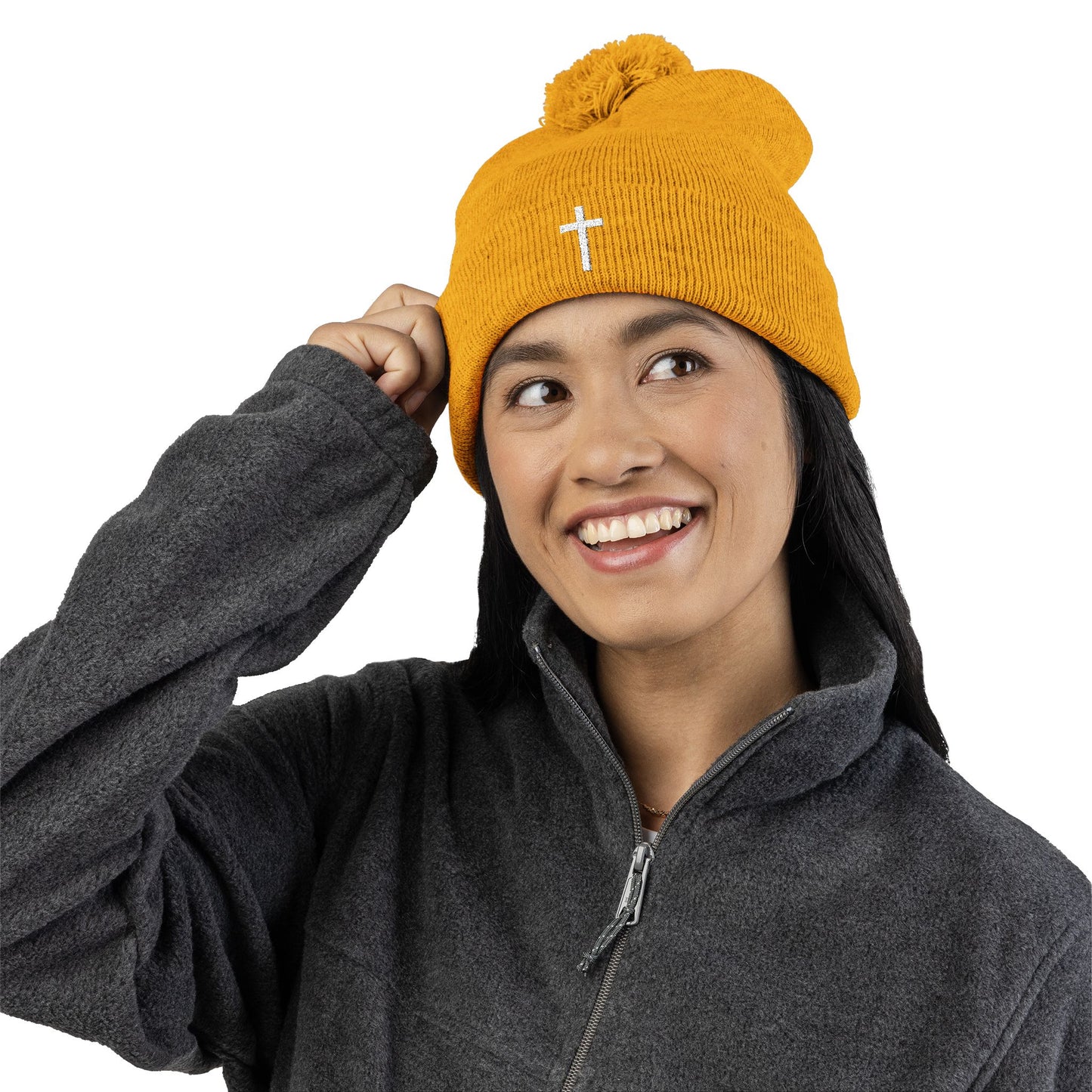 Pom-Pom White Cross Knit Cap (Embroidery)