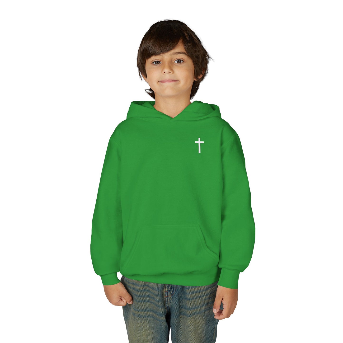 Kids Simple Christian Hooded Sweatshirt with White Cross (Gildan Product)