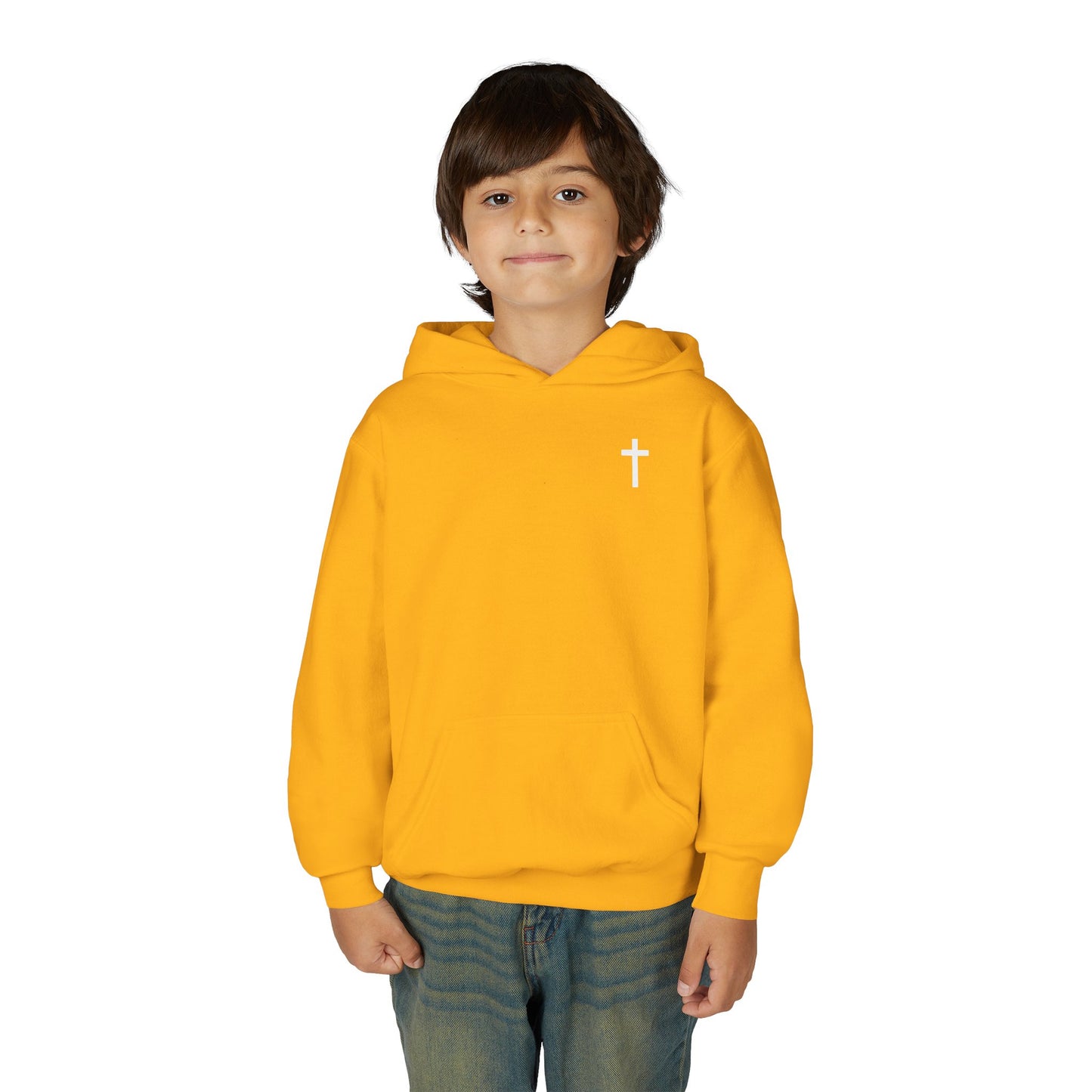 Kids Simple Christian Hooded Sweatshirt with White Cross (Gildan Product)