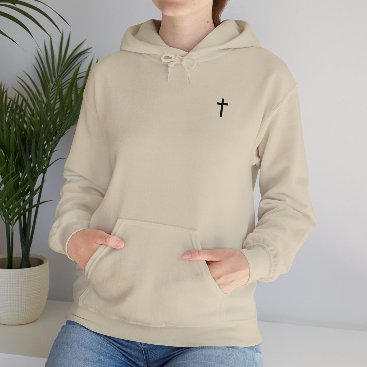 Unisex Embroidered Black Cross Hooded Sweatshirt (Gildan Product)