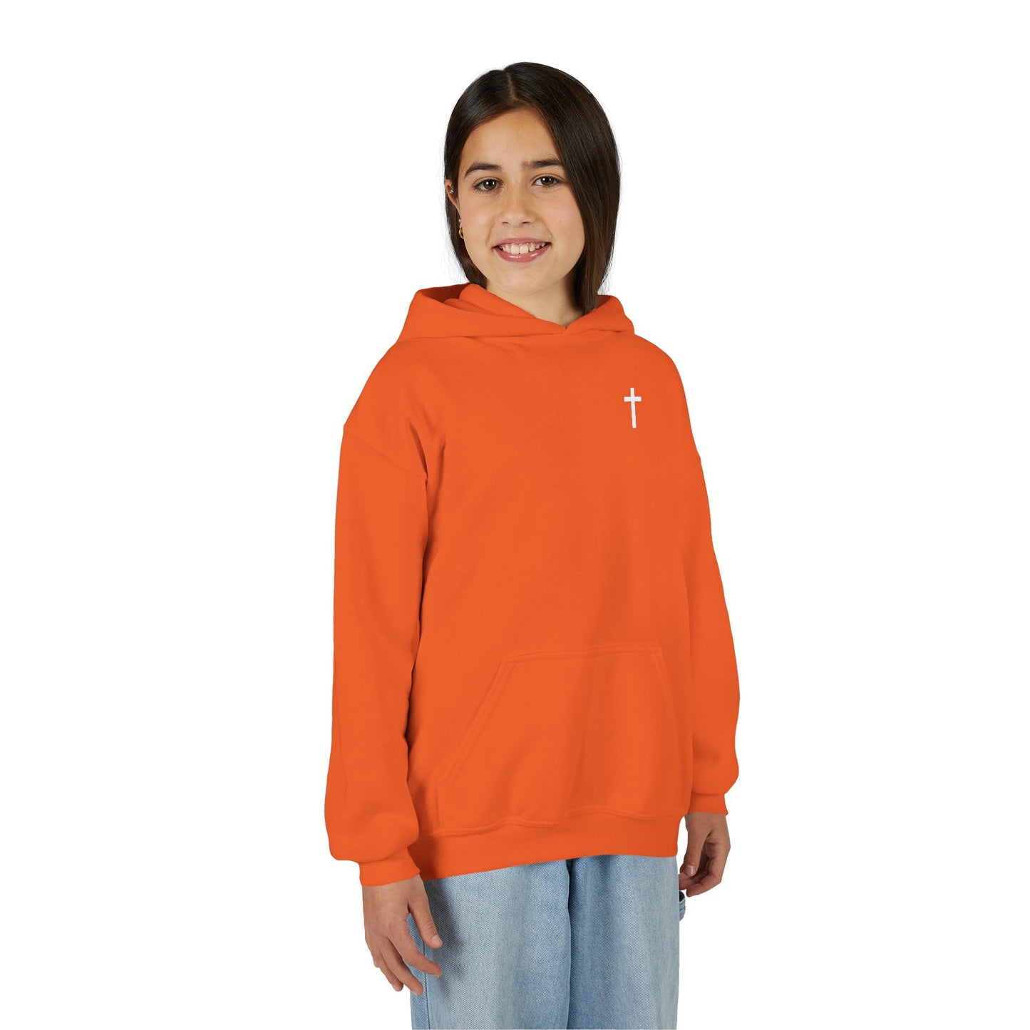 Kids Simple Christian Hooded Sweatshirt with White Cross (Gildan Product)