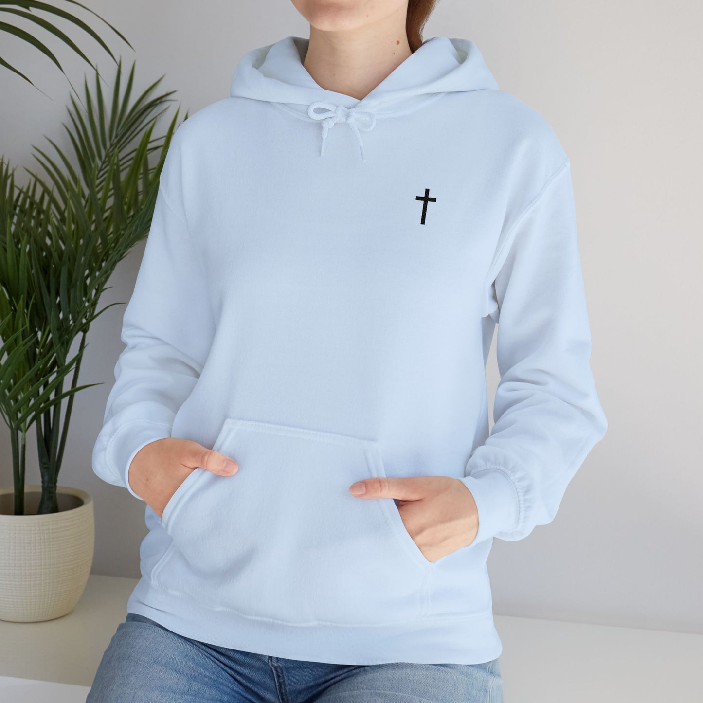 Unisex Embroidered Black Cross Hooded Sweatshirt (Gildan Product)