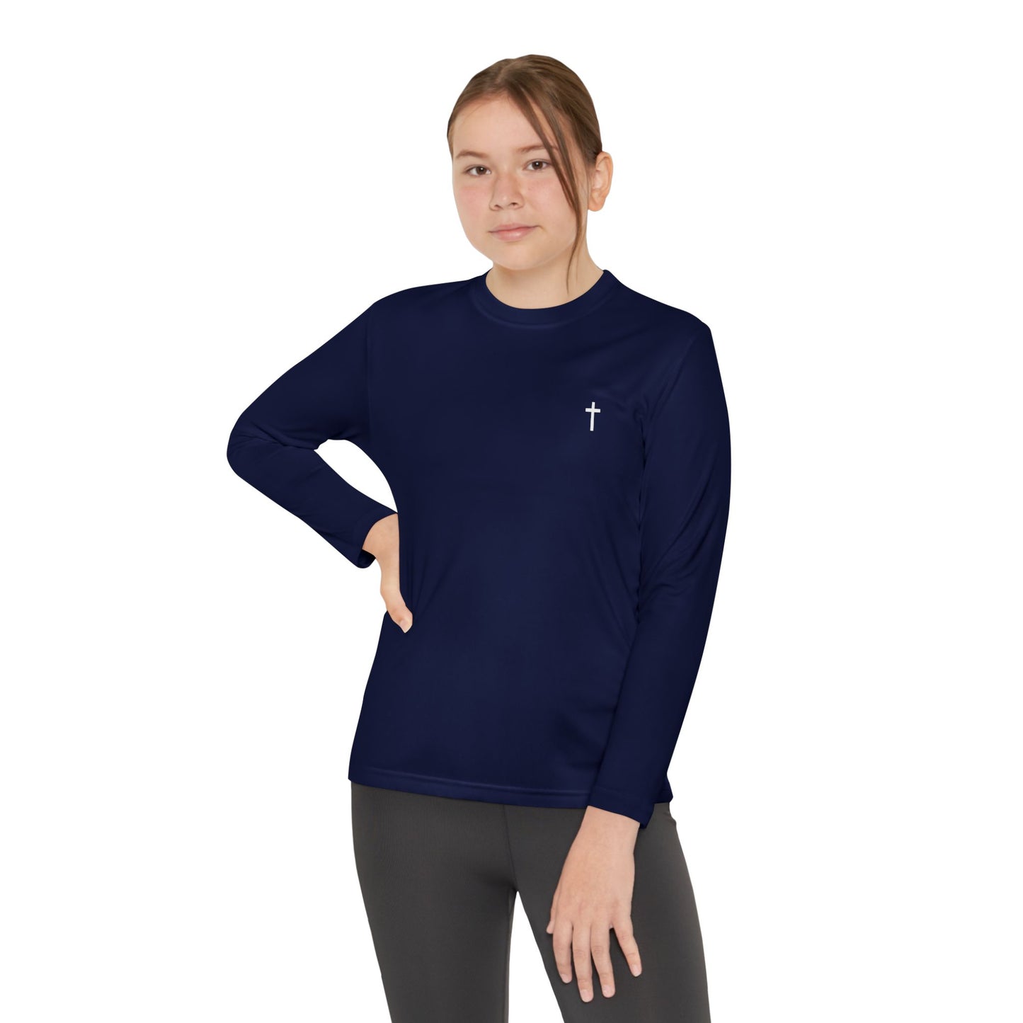 Youth long sleeve Sport-Tek with White Cross