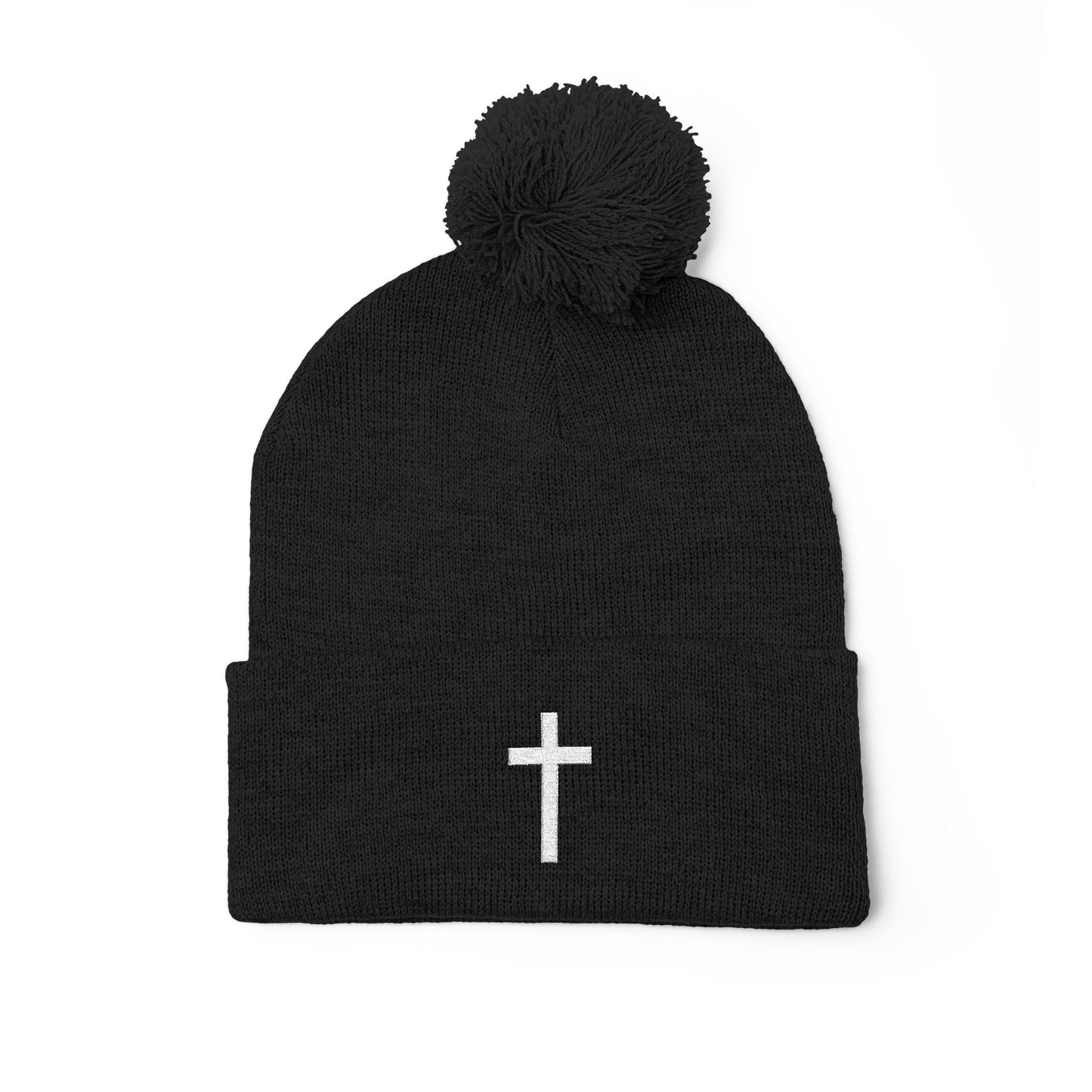 Pom-Pom White Cross Knit Cap (Embroidery)