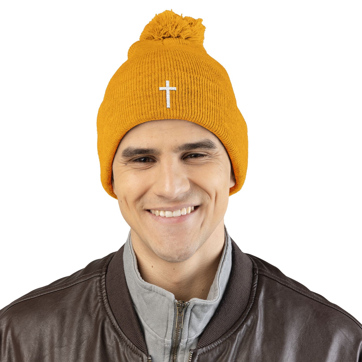 Pom-Pom White Cross Knit Cap (Embroidery)
