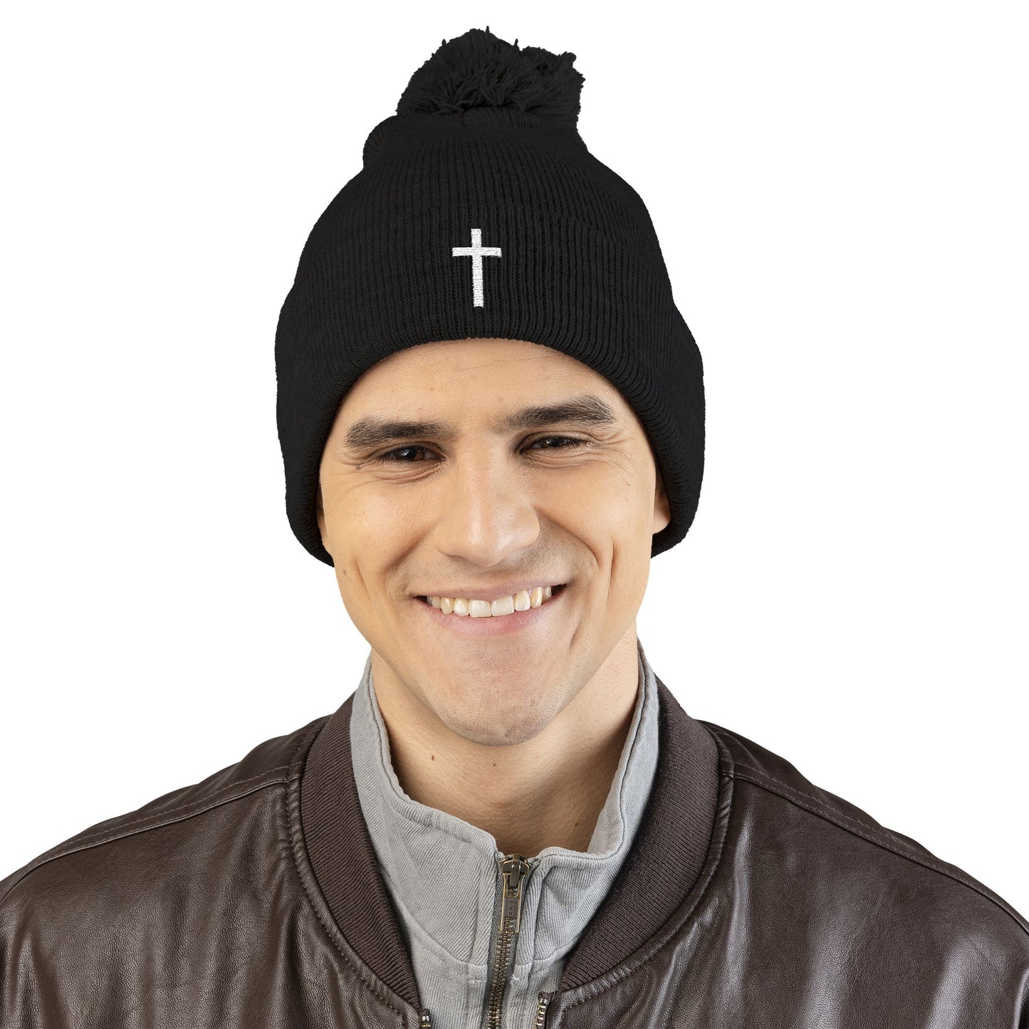 Pom-Pom White Cross Knit Cap (Embroidery)