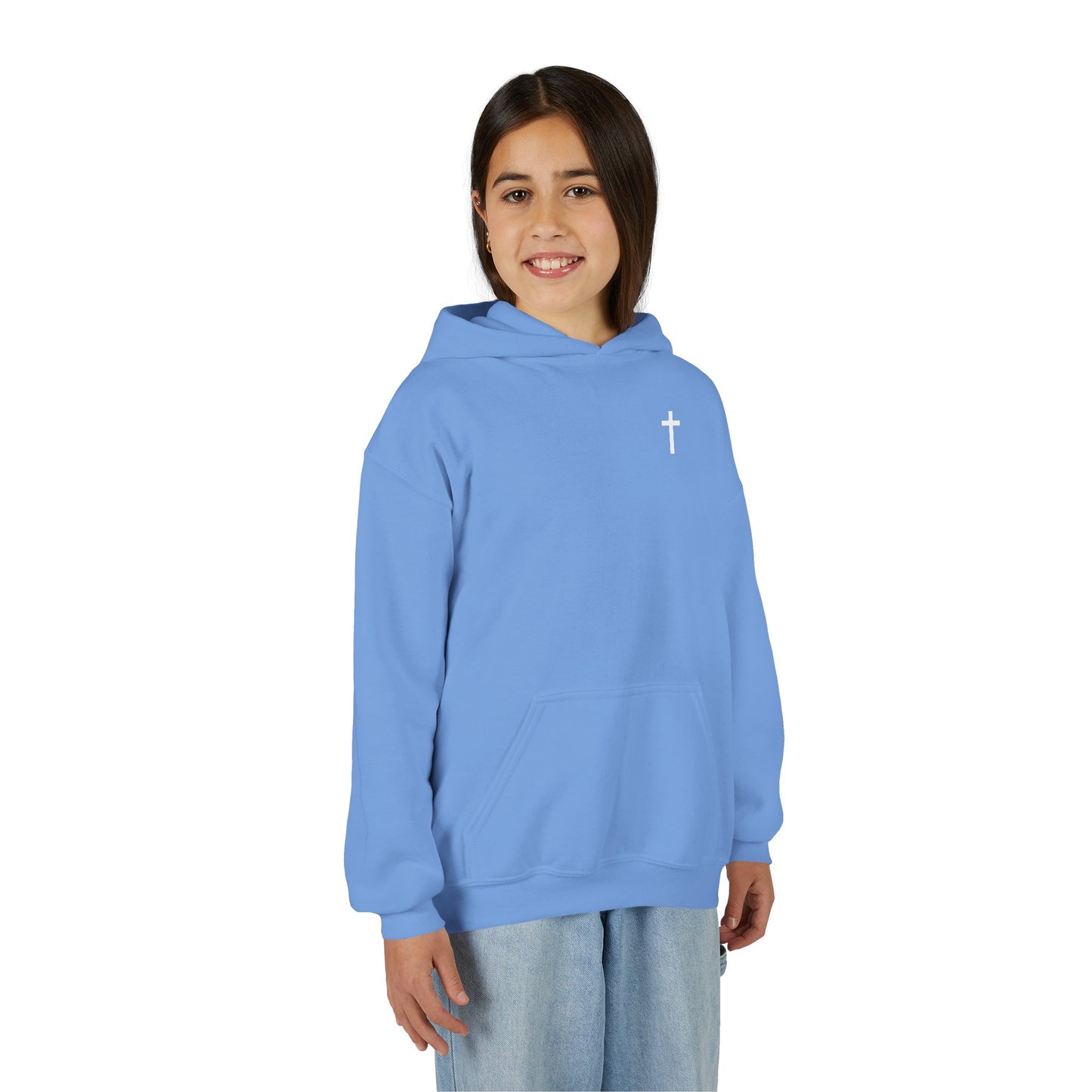 Kids Simple Christian Hooded Sweatshirt with White Cross (Gildan Product)