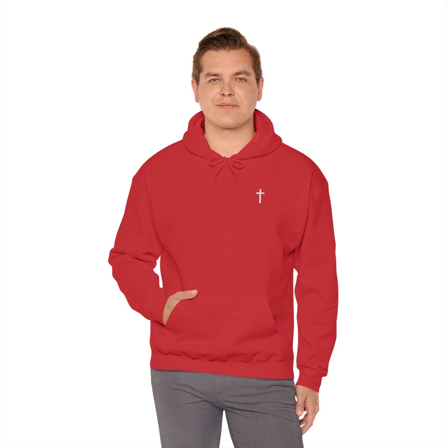 Unisex Embroidered White Cross Hooded Sweatshirt