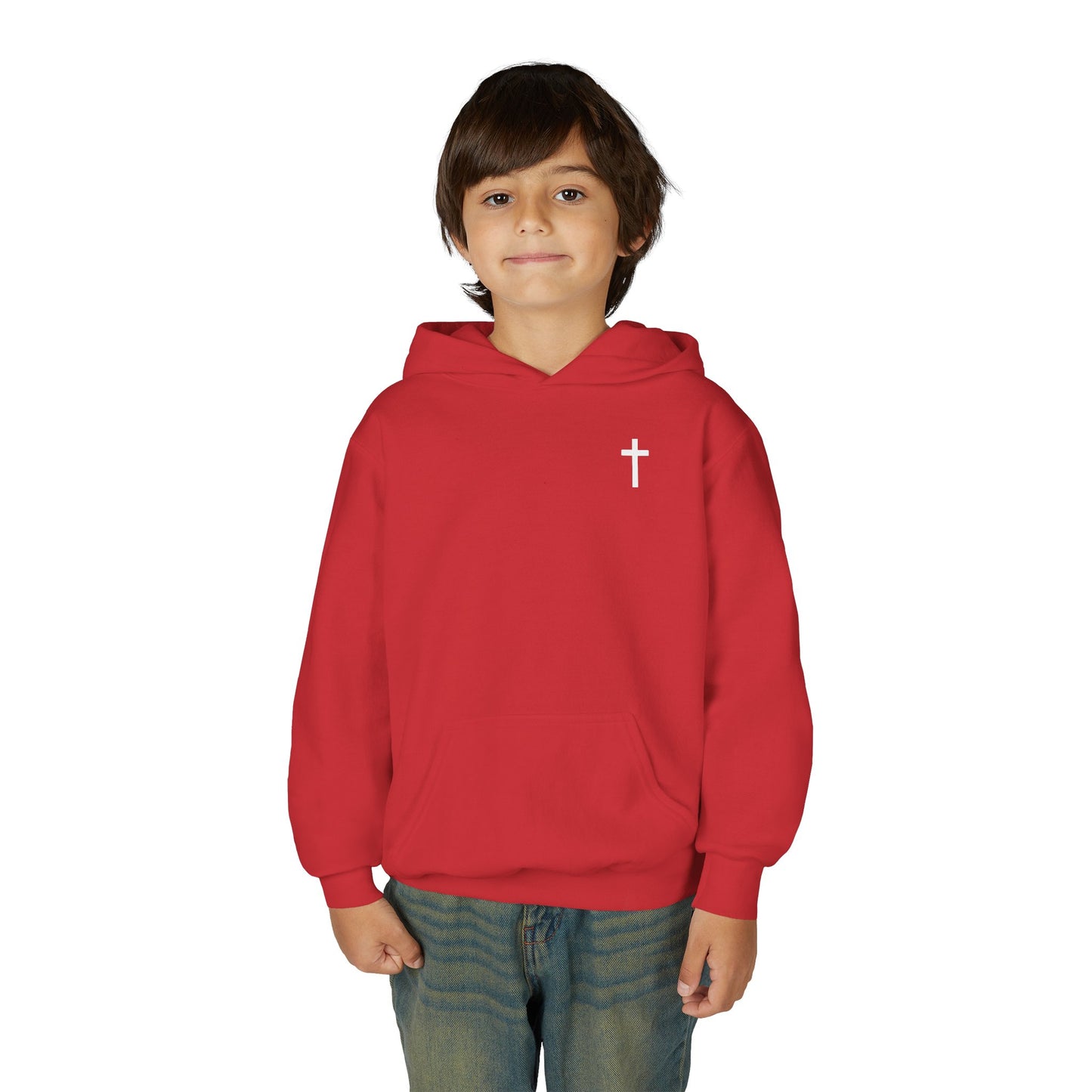 Kids Simple Christian Hooded Sweatshirt with White Cross (Gildan Product)