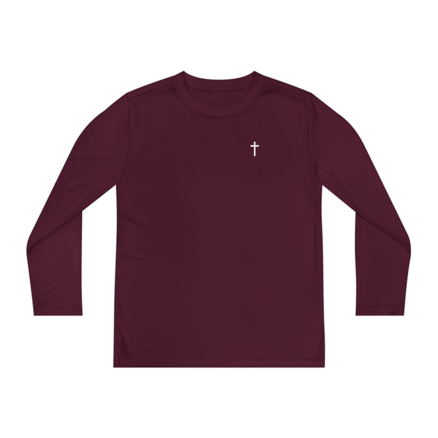 Youth Long Sleeve 100% Moisture-Wicking Shirt with White Cross