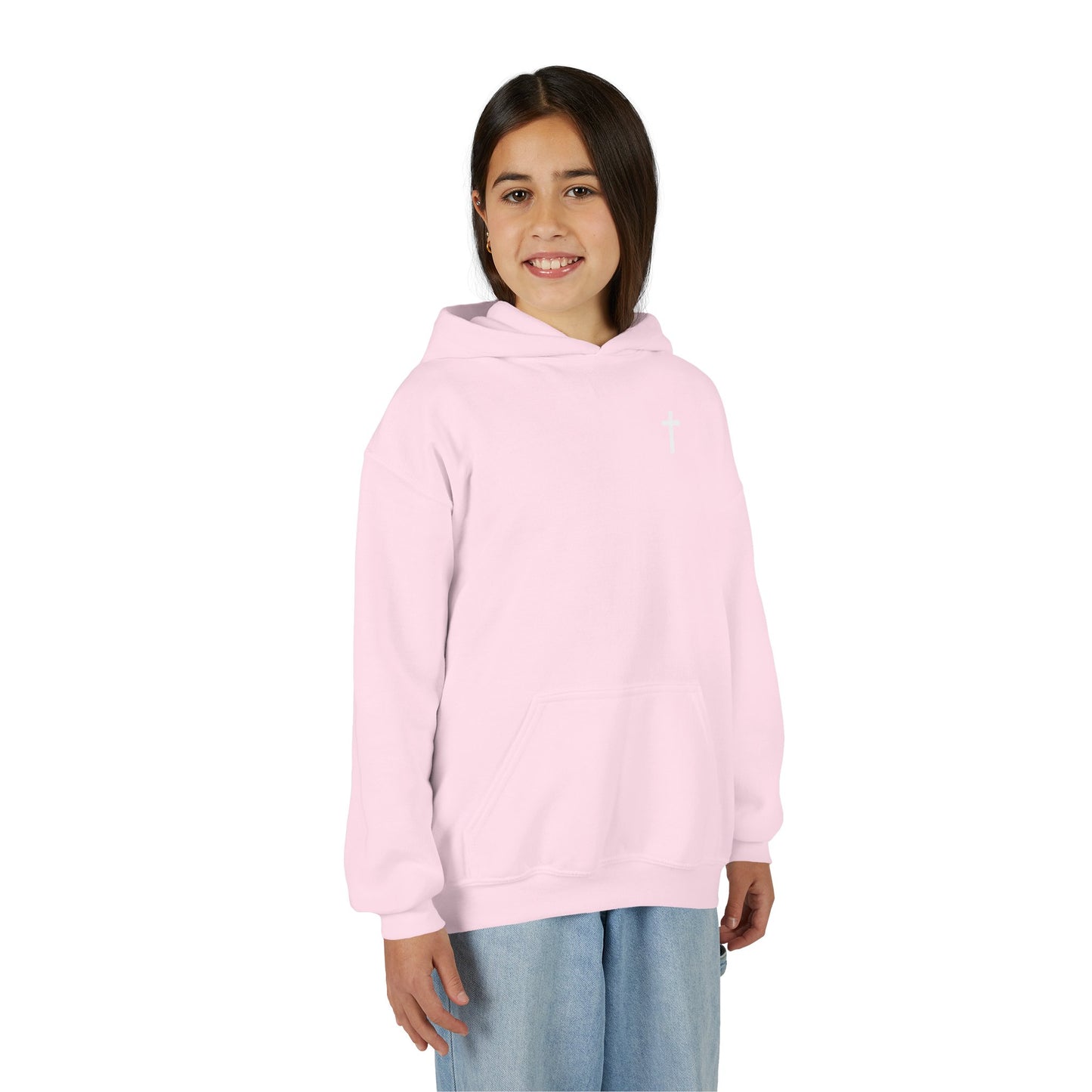 Kids Simple Christian Hooded Sweatshirt with White Cross (Gildan Product)