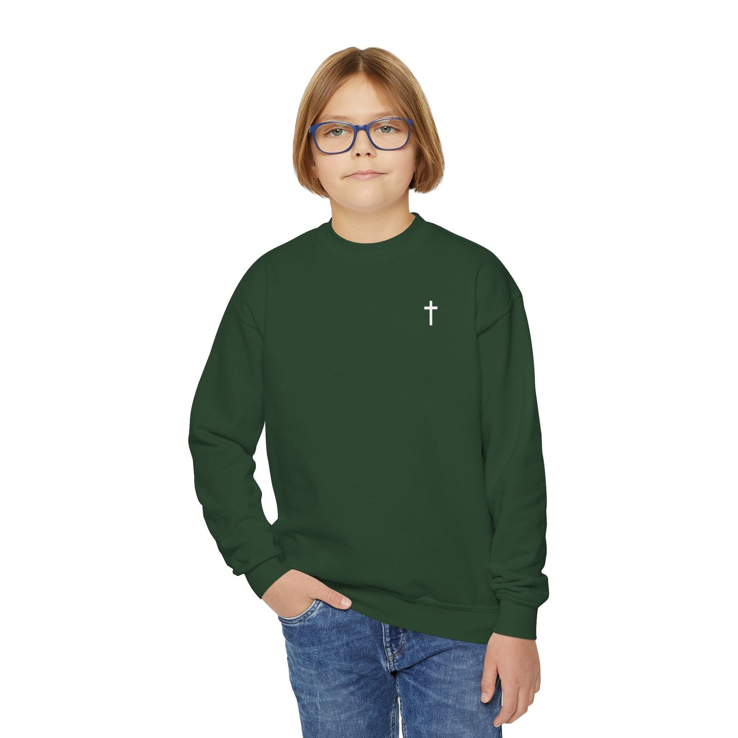 Youth Simple Christian Crewneck Sweatshirt with White Cross (Gildan Product)