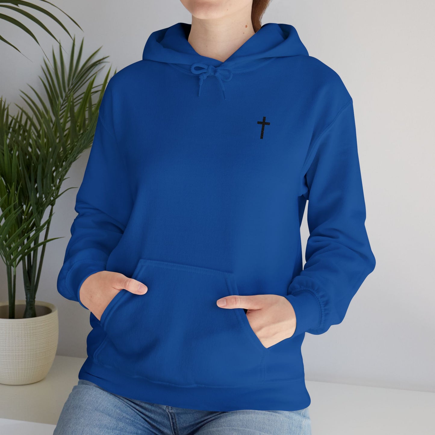 Unisex Embroidered Black Cross Hooded Sweatshirt (Gildan Product)