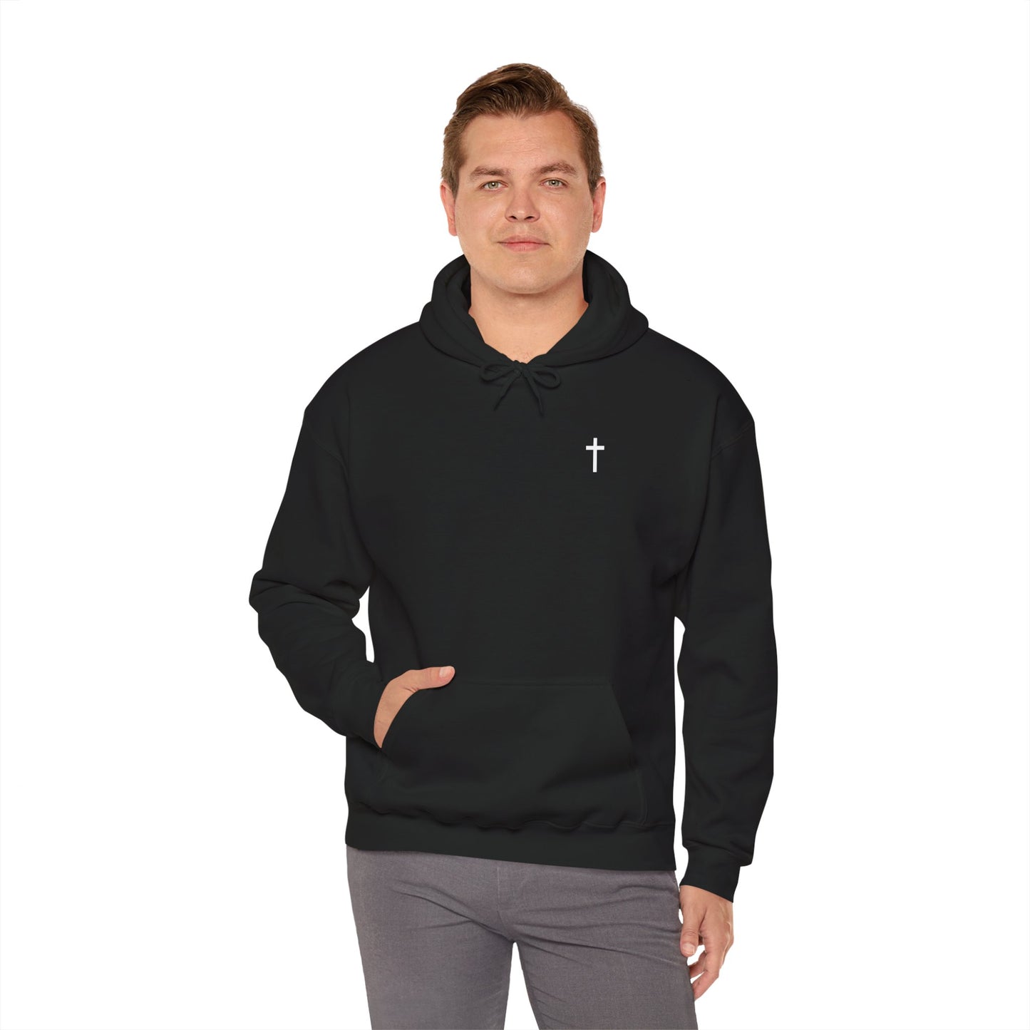 Unisex Christian Hooded Sweatshirt with White Cross (Gildan Product)