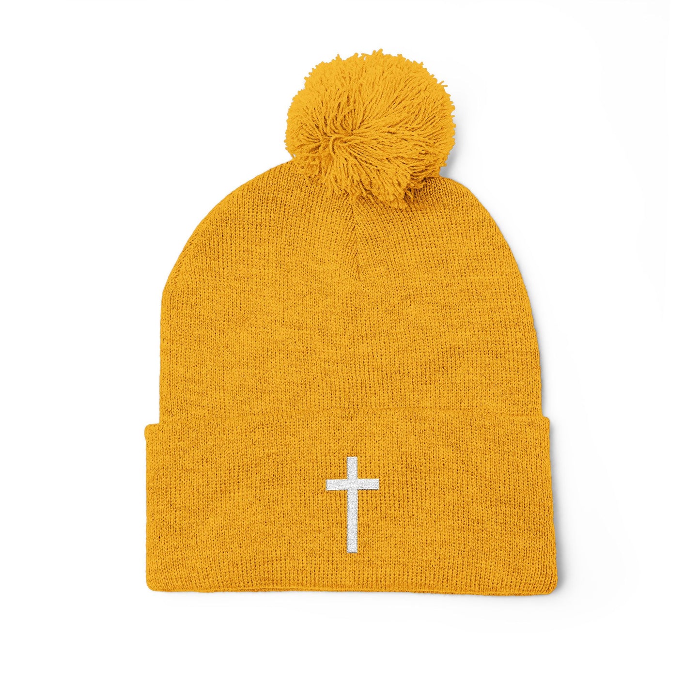 Pom-Pom White Cross Knit Cap (Embroidery)