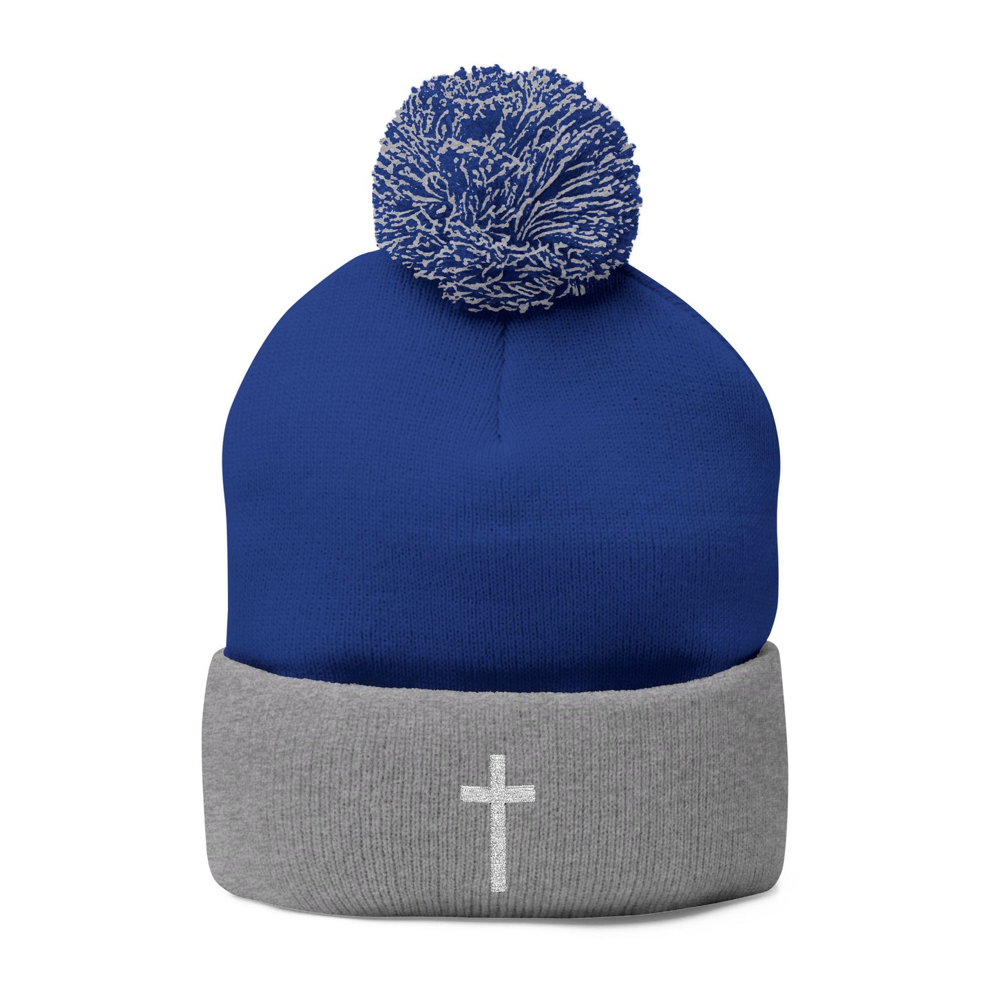 Pom-Pom White Cross Knit Cap (Embroidery)