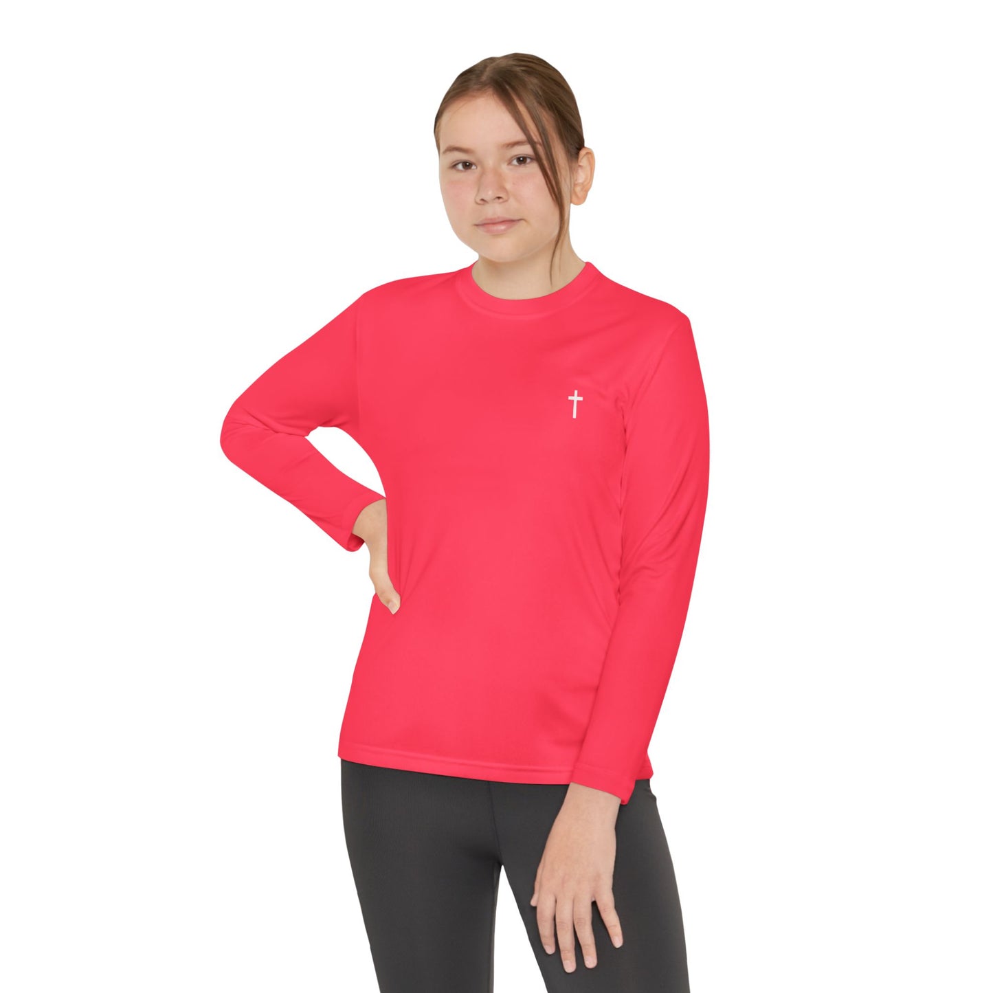 Youth long sleeve Sport-Tek with White Cross