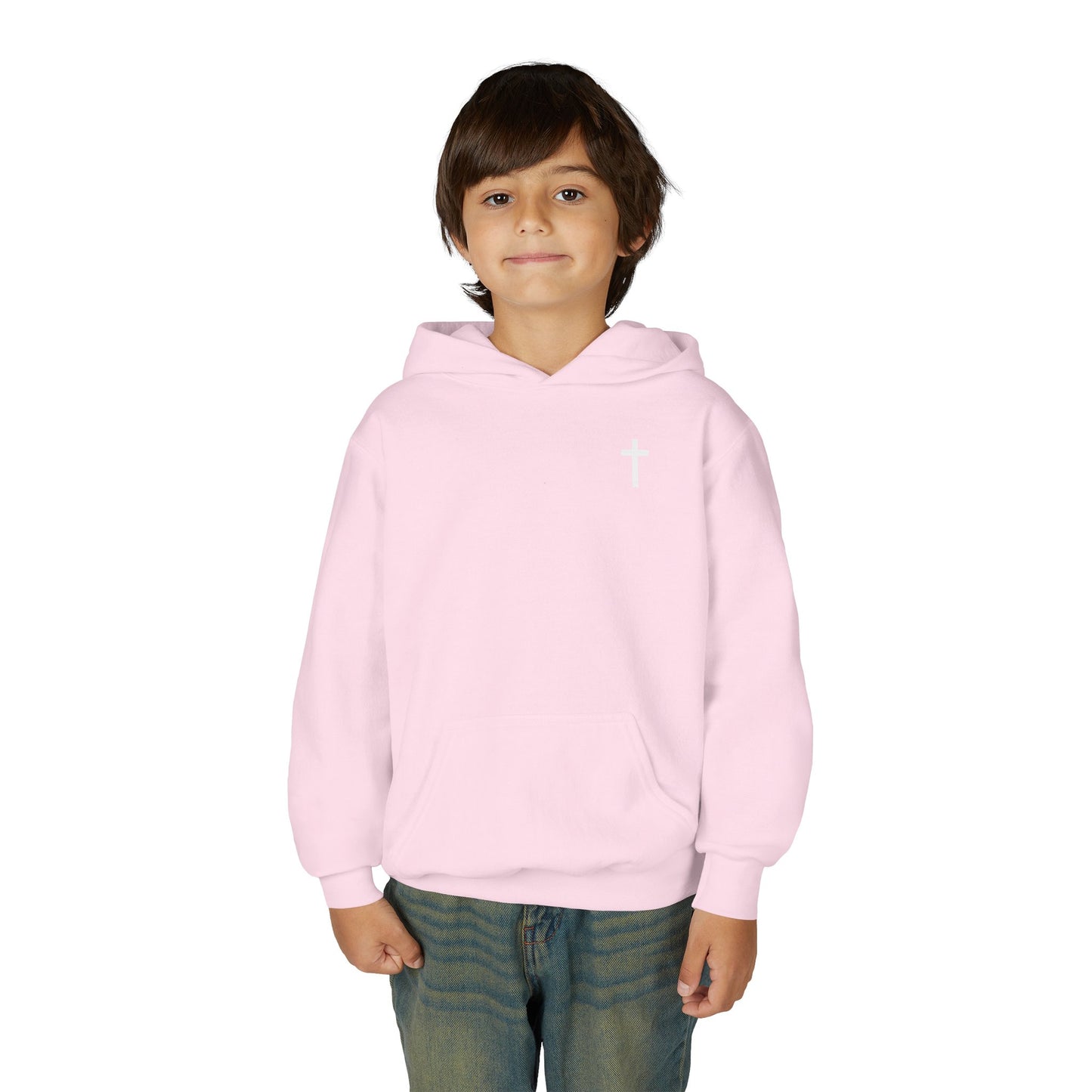 Kids Simple Christian Hooded Sweatshirt with White Cross (Gildan Product)