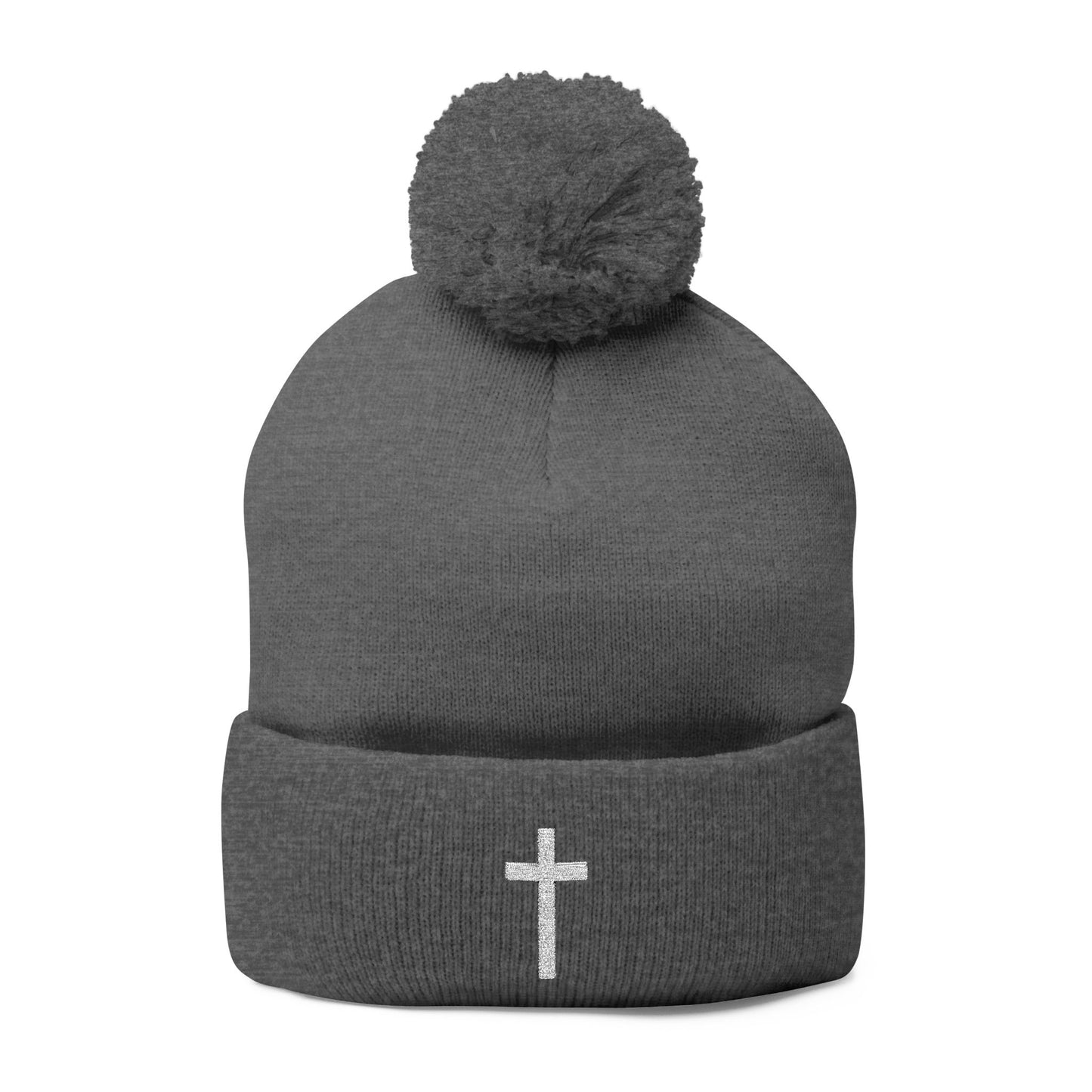 Pom-Pom White Cross Knit Cap (Embroidery)
