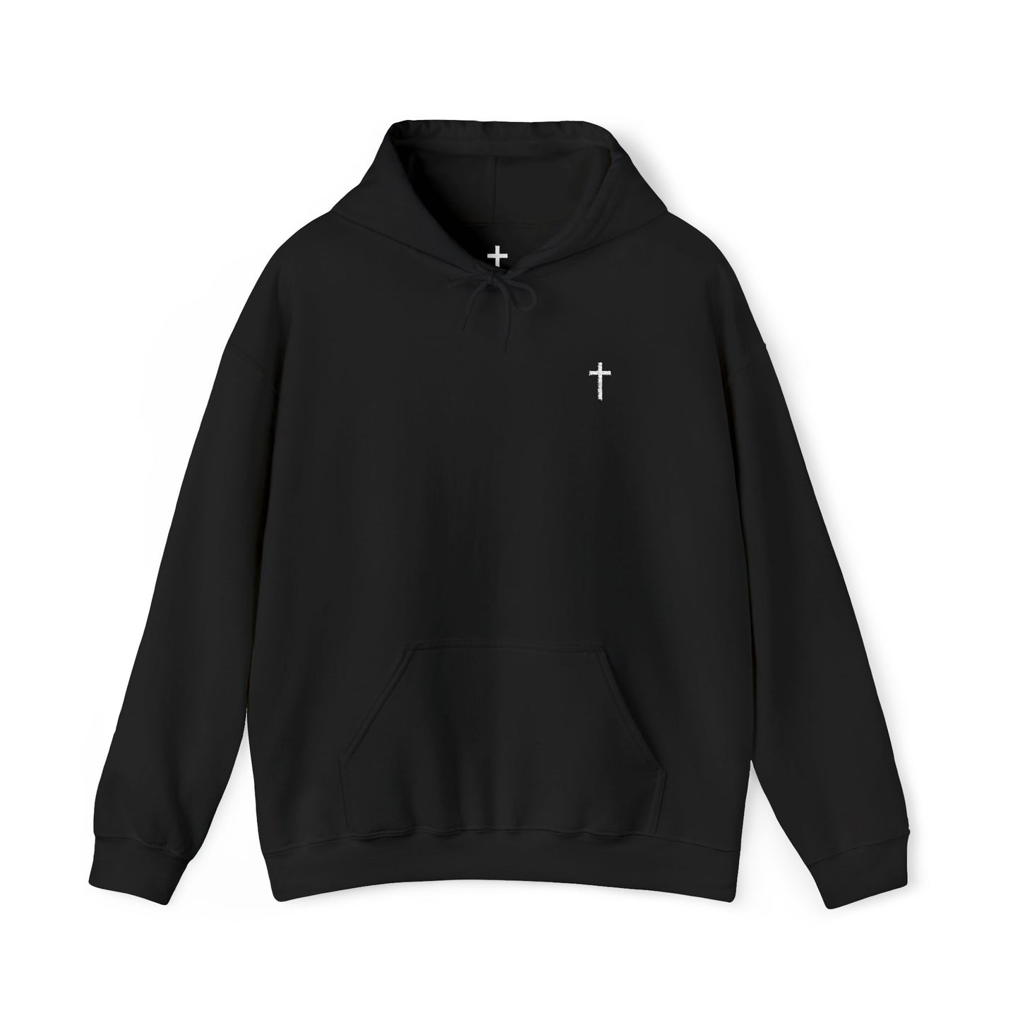 Unisex Embroidered White Cross Hooded Sweatshirt (Gildan Product)