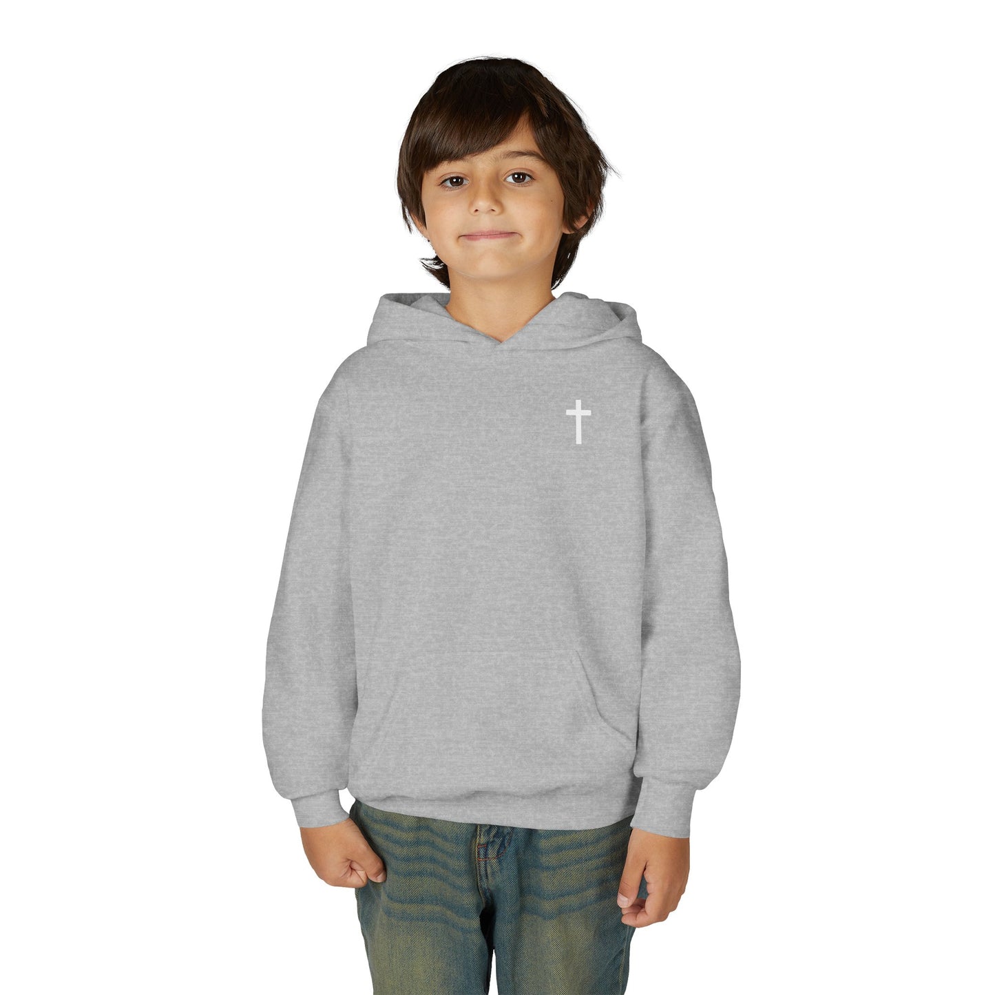 Kids Simple Christian Hooded Sweatshirt with White Cross (Gildan Product)