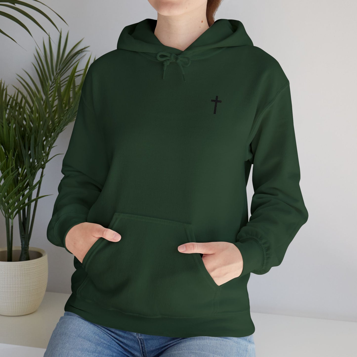 Unisex Embroidered Black Cross Hooded Sweatshirt (Gildan Product)