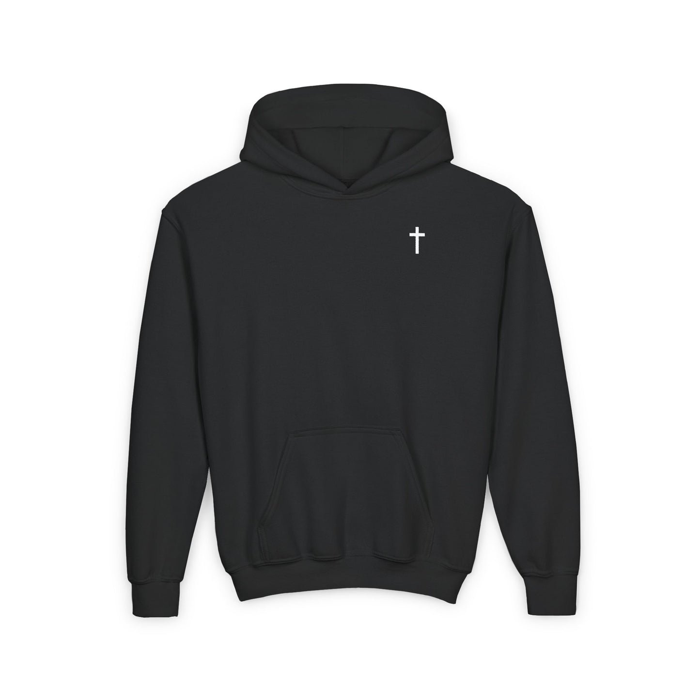 Youth Simple Christian Hooded Sweatshirt with White Cross (Gildan Product)