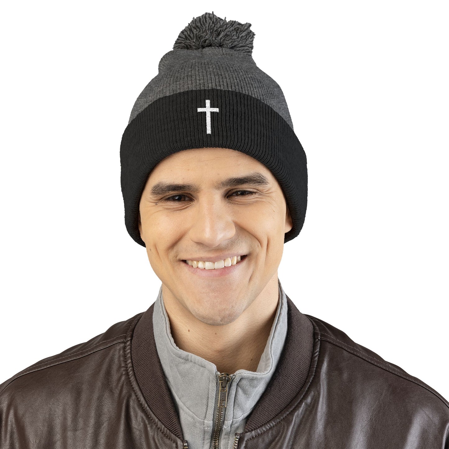 Pom-Pom White Cross Knit Cap (Embroidery)