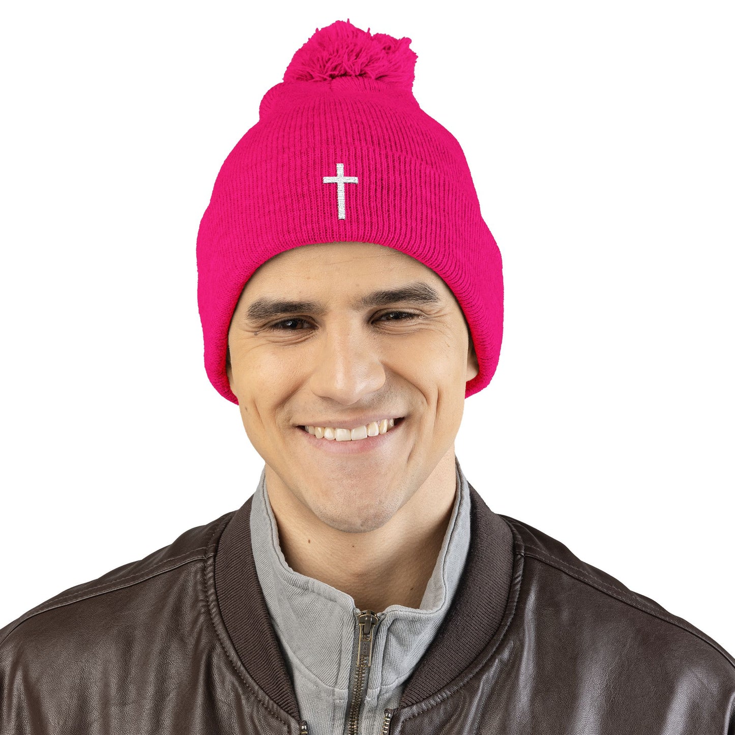 Pom-Pom White Cross Knit Cap (Embroidery)