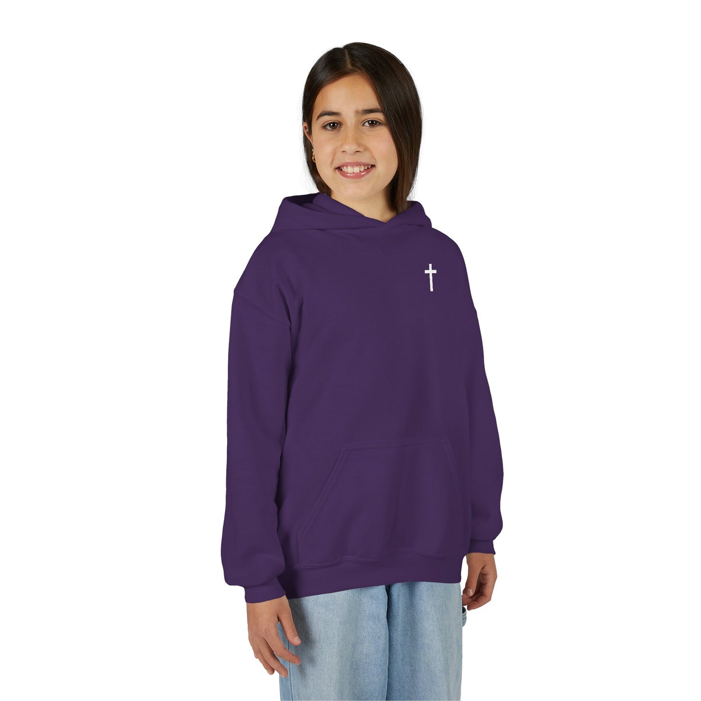 Kids Simple Christian Hooded Sweatshirt with White Cross (Gildan Product)