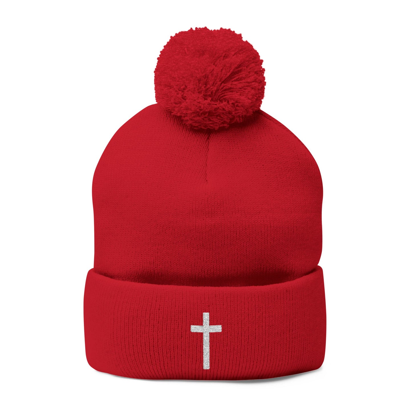 Pom-Pom White Cross Knit Cap (Embroidery)